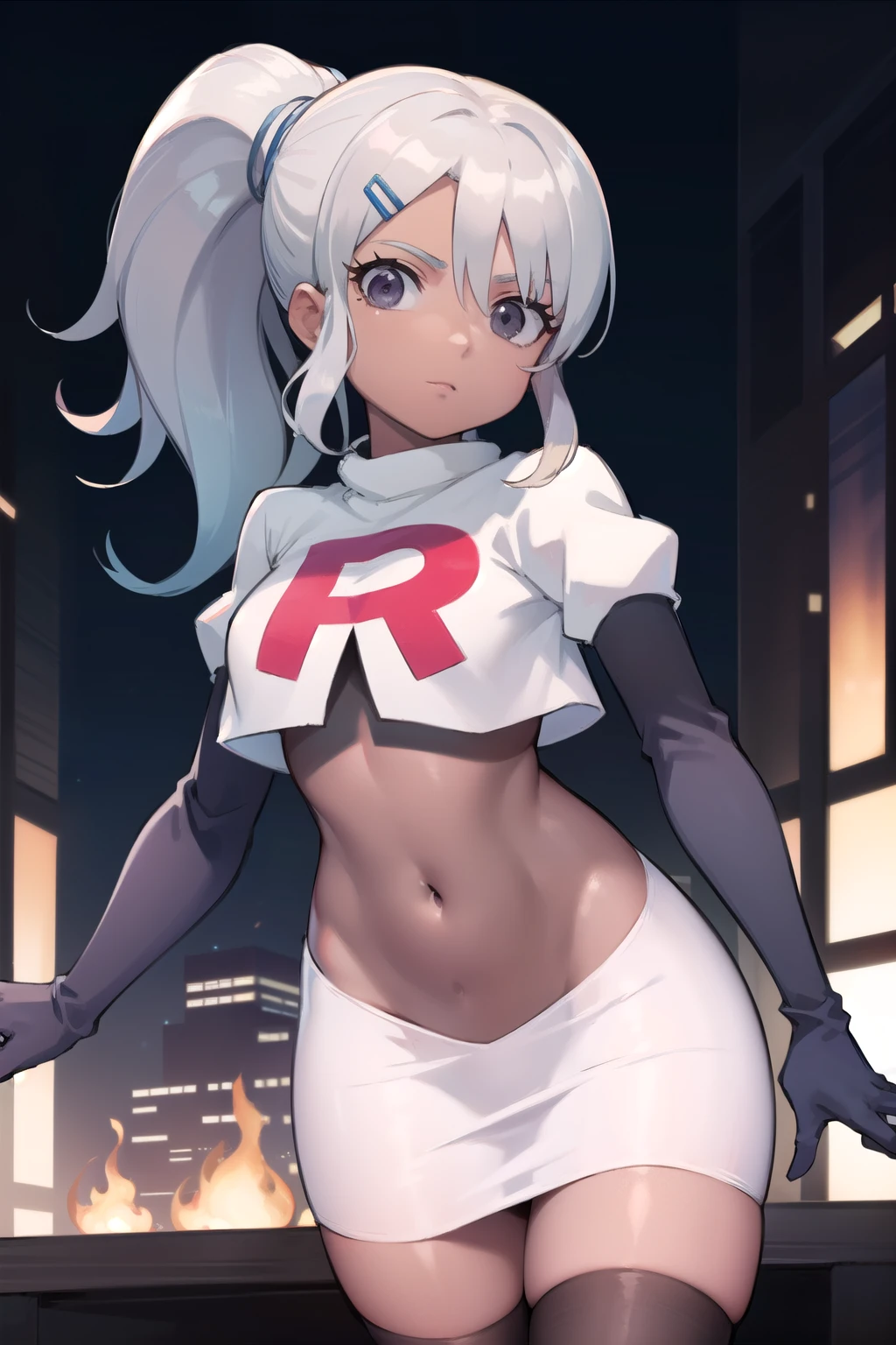 juliemakimoto, julie makimoto, long hair, hair ornament, ponytail, white hair, hairclip, dark skin, dark-skinned female, (grey eyes:1.5),
BREAK navel, jewelry, team rocket,team rocket uniform, red letter R, white skirt,white crop top,black thigh-highs,black elbow gloves
BREAK looking at viewer, (cowboy shot:1.5),
BREAK (masterpiece:1.2), best quality, high resolution, unity 8k wallpaper, (illustration:0.8), (beautiful detailed eyes:1.6), extremely detailed face, perfect lighting, extremely detailed CG, (perfect hands, perfect anatomy),