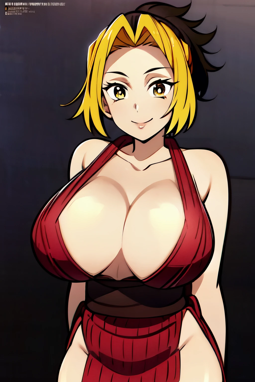 MAKIOKNY, blonde hair, two-tone hair, black hair, , bare shoulders, thighhighs, short hair, black legwear, sleveeless, side slit, collarbone, double slit, pelvic curtain, sleveeless kimono, short ponytail, multicolored hair, japanese clothes, obi, yellow eyes, lipstick, 1girl, solo, facing viewer, looking at viewer, smile. huge breasts, breasts