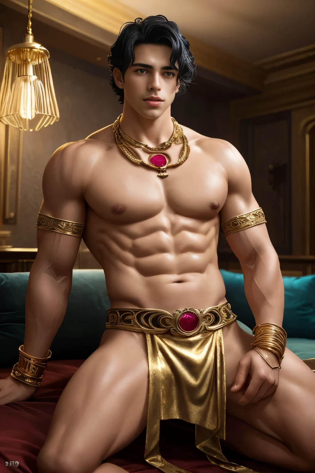 extremely handsome young man, 18 years old, not too muscular, short black wavy hair, his lithe body barely covered with shimmering gold and white transparent cloths, exposed chest, exposed legs, chunky gold and ruby statement necklace, gold armbands on his biceps, gold filigreed gauntlets on his forearms, an intricate gold band on his upper thigh, golden anklet, lying on a pile of ornate silk cushions, (best quality,4k,8k,highres,masterpiece:1.2),ultra-detailed,(realistic,photorealistic,photo-realistic:1.37)classy,confident, soft warm lights,vibrant,