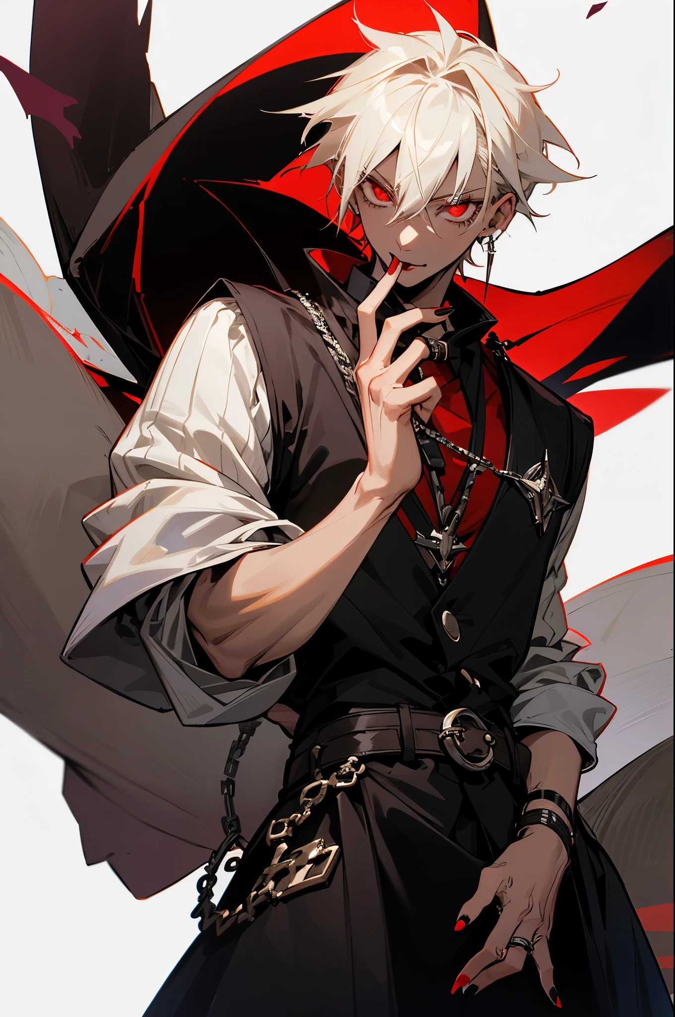 1boys,Single person,Young men,l vampire,fang,Y2K,Emo style,non-mainstream,Mines are boys,Harajuku style,Exaggerated dressing,Intricate ornaments,Rock style,Gothic style,rivet,ear studs,One-sided earring, pale blonde hair,silver ring,dark-skinned, dark-skin male, glowing red eyes, black fingernails, white background