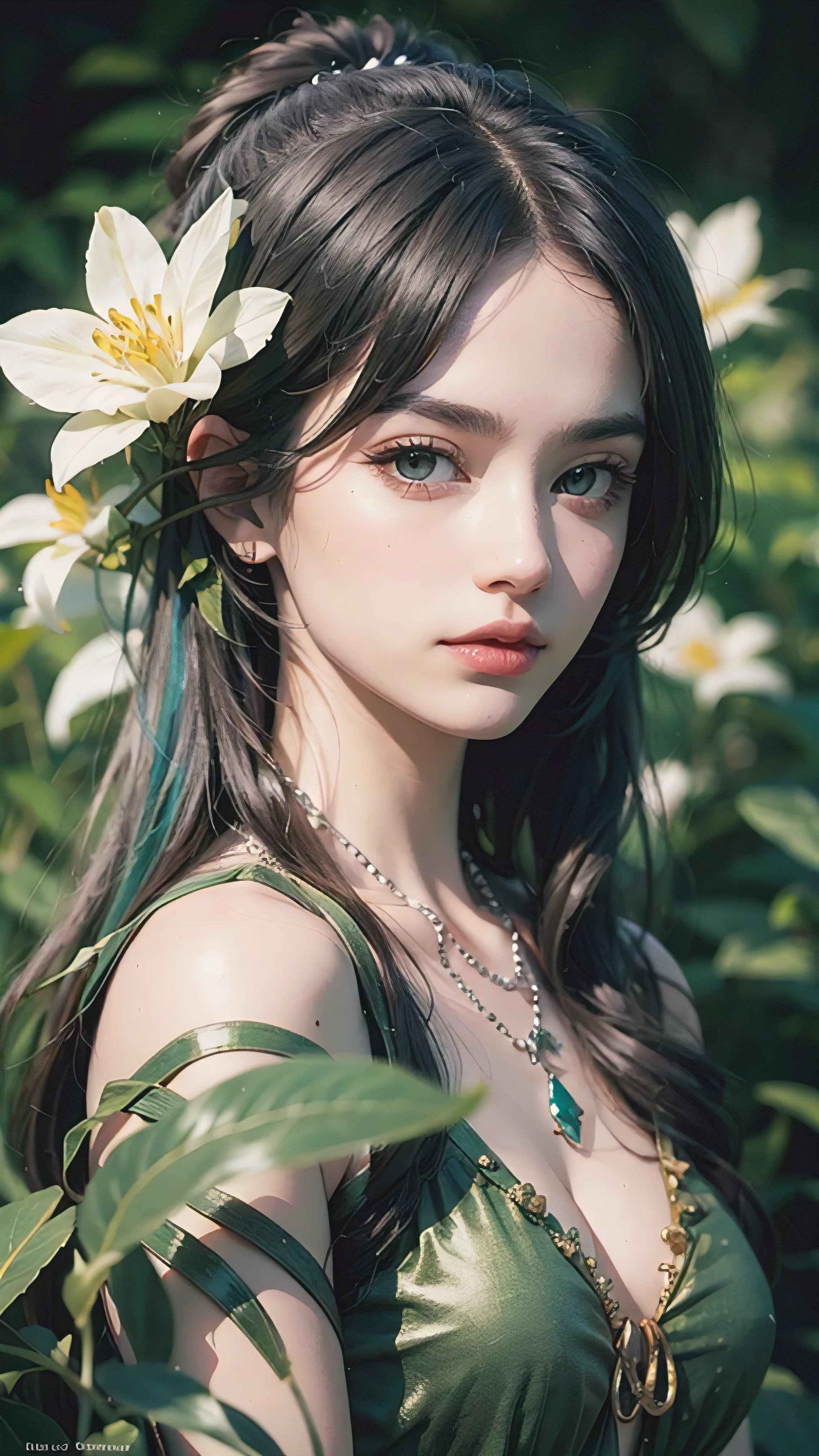 (best quality,4k,8k,highres,masterpiece:1.2),ultra-detailed,(realistic,photorealistic,photo-realistic:1.37), golden ratio composition, wide angle shot,dynamic angle, full body shot, The plant goddess, she has very long and wavy platinum hair,she has a biological exoskeleton covering up her entire body,add_detail:1.5,((She is resting in fetal position, incubated inside an exquisite translucent plant bulb.)), in her vegetal kingdom, carnivorous plants, vibrant green leaves and tendrils, alien biome, lush vegetation and exotic flowers, poison jungle, toxic and vibrant colors, mysterious atmosphere, soft and ethereal lighting, immersive and lifelike 3D rendering, botanical fantasy, intricate details on the plant bulbs, lush and intricate flora, magical and dreamlike ambience, mysterious environment, stunning contrast between the delicate features of the woman and the wild nature surrounding her, painterly style, dreamy color palette with a mix of vibrant greens and deep purples, enigmatic composition, surreal and otherworldly experience.