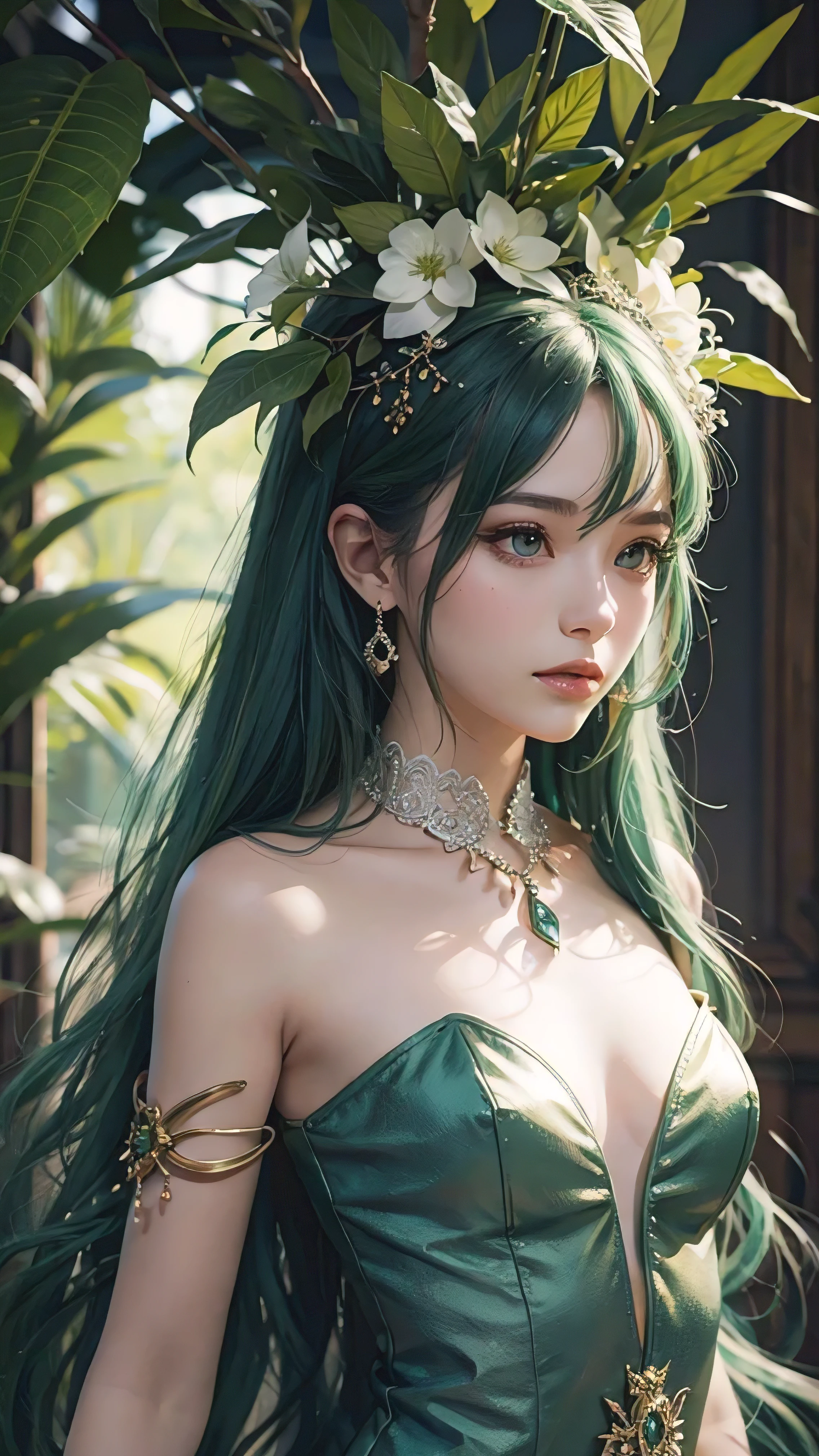 a green hair、woman with flowers in hair, Stunning fairy rendering, Beautiful fantasy art portrait, Beautiful fantasy portrait, beautiful elegant dryad, Very beautiful and wonderful art,Half body photo,best quality, (original photo: 1.2), (masterpiece: 1.4), (actual: 1.4), (High resolution: 1.4), depth of field, intricate details, 8K, Very detailed, perfect lighting, epic background