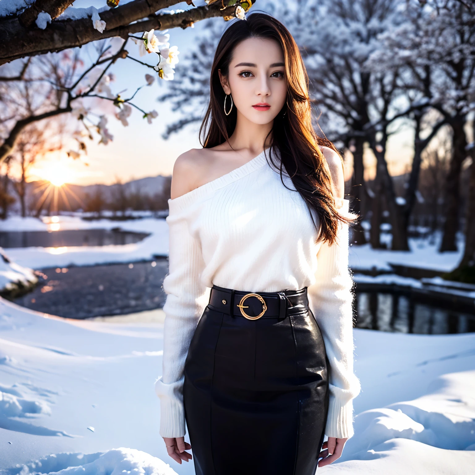 ((top quality、8k、​Masterpiece:1.3))、Extremely delicate and beautiful girl，full-body shot，huge breasts，bigger breasts，amazing breast size，G cup。Wear big earrings，Very white skin，moist red lips，Waist is very thin，Thighs are very thin，big butt，fair and smooth skin，Smooth and fair skin，flawless skin，Fair and shiny skin，cold white skin，The camera focuses on the chest，Bright light，white sweater，Lower body exposed，bare shoulders，white hair，hair is white，Snow covers the ground，snow mountain，sunset，There is a tree full of white flowers on the upper right