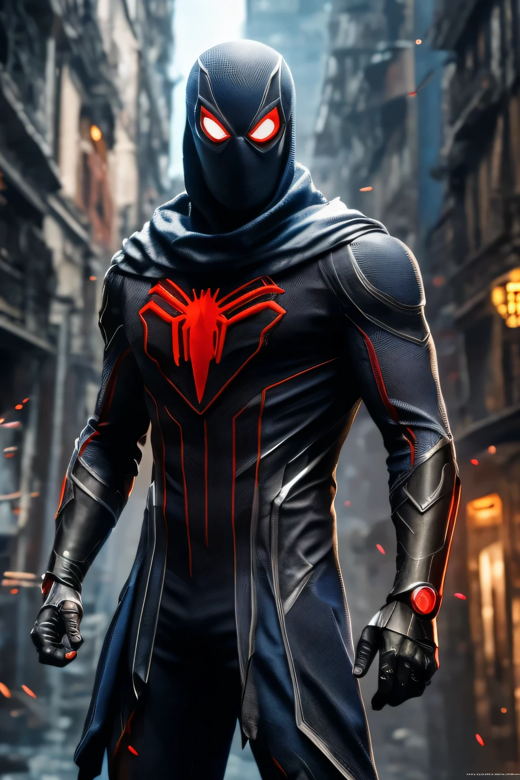  homem aranha Cyberpunk ,8k. obra de arte, Melhor qualidade, alta qualidade, extremamente detalhado CG unity 8k wallpaper, profundidade de campo, HDR,,fotorrealista,extremamente detalhado, hero pose 