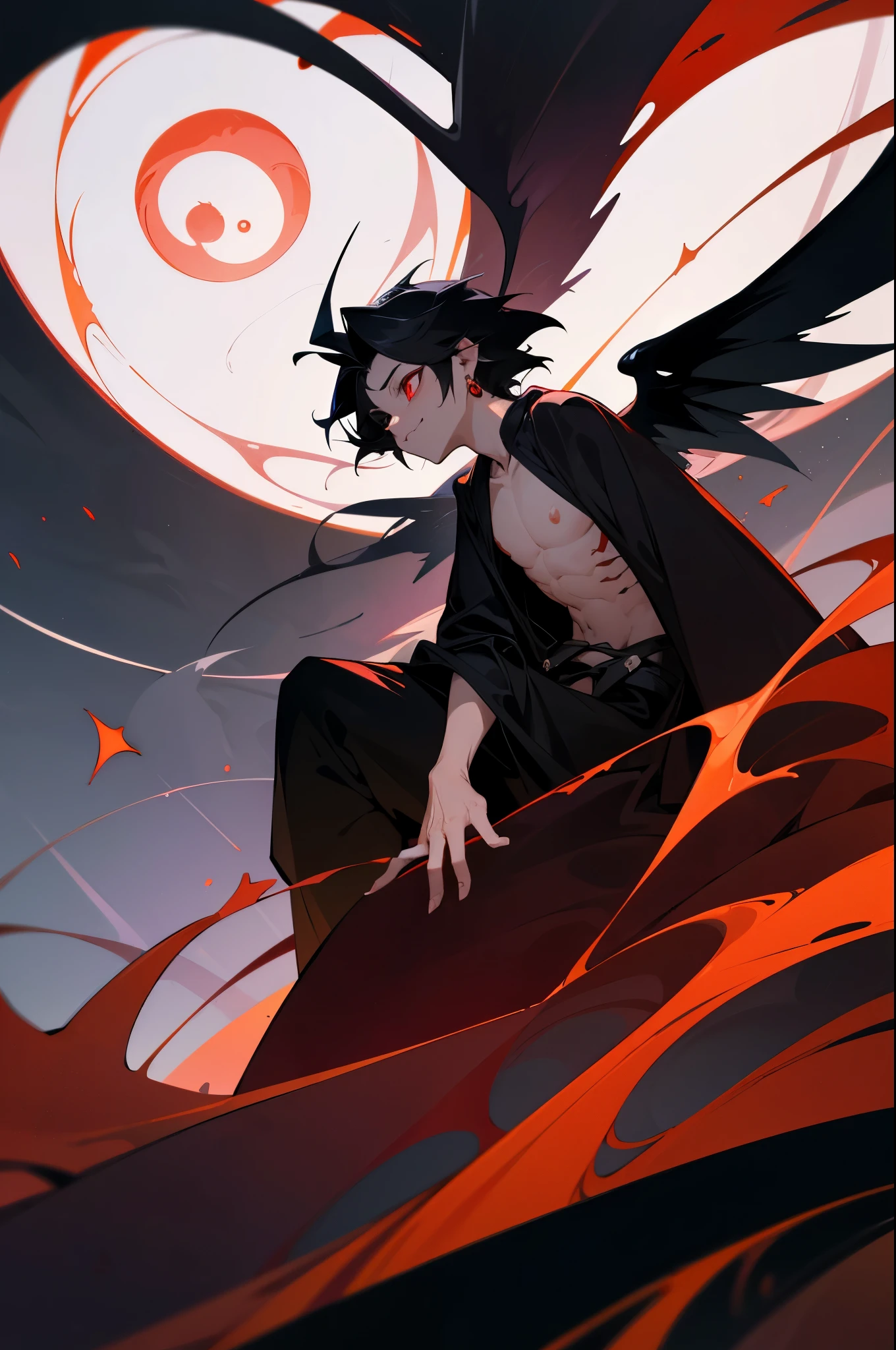 (absurdres, highres, ultra detailed, HDR), masterpiece, best quality, a little boy sitting on demon with a giant eye, in arrogant look, solo, little boy, demon eyeball, giant eyeball, disgusting, black demon wing, demon horn, handsome, red eye, glowing eye, black robe, earring and accessory, bare chest, arrogant face, full body, magic vortex, spark, swirl, black aura, a black cloudy sky, abyss, abstract background, from side, look up, evil smile