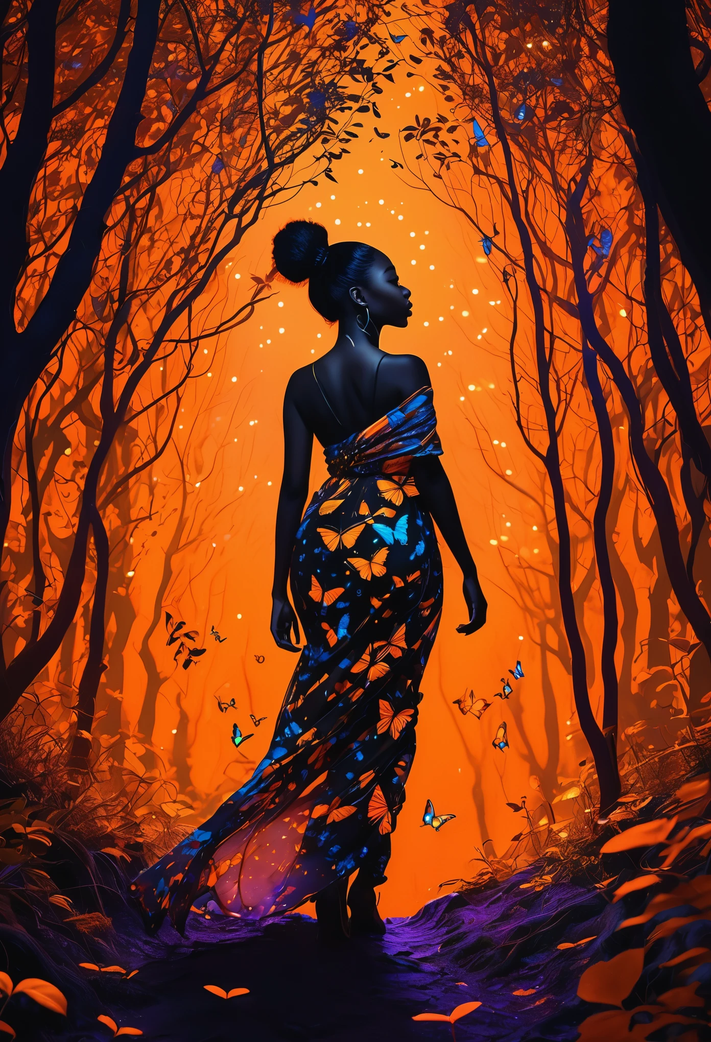in the darkness night,a black woman wearing African designed clothes, ascends Through the boundless universe,Stars dot the sky,Emit a faint but brilliant light,On the contrary,it gives off a strange orange color、Neon colors and other bright light effects。against the backdrop of stars,The mysterious forest appears。trees swaying gently,Seems to be ready to perform some mysterious ritual at any time。Their outlines gradually become clearer under the black light.,emit weak fluorescence。Highlights the texture of leaves and flowers as well as the texture of tree trunks,They seem to exude a subtle vitality。In this mysterious forest,A group of wild animals became active。1 orange fox,Its hair looks extremely soft under the black light,The eyes shone with wisdom。1 neon butterfly,Dance in the air,Every flapping of the wings leaves a beautiful trail of colors。The entire illustration presents a mysterious and charming atmosphere.