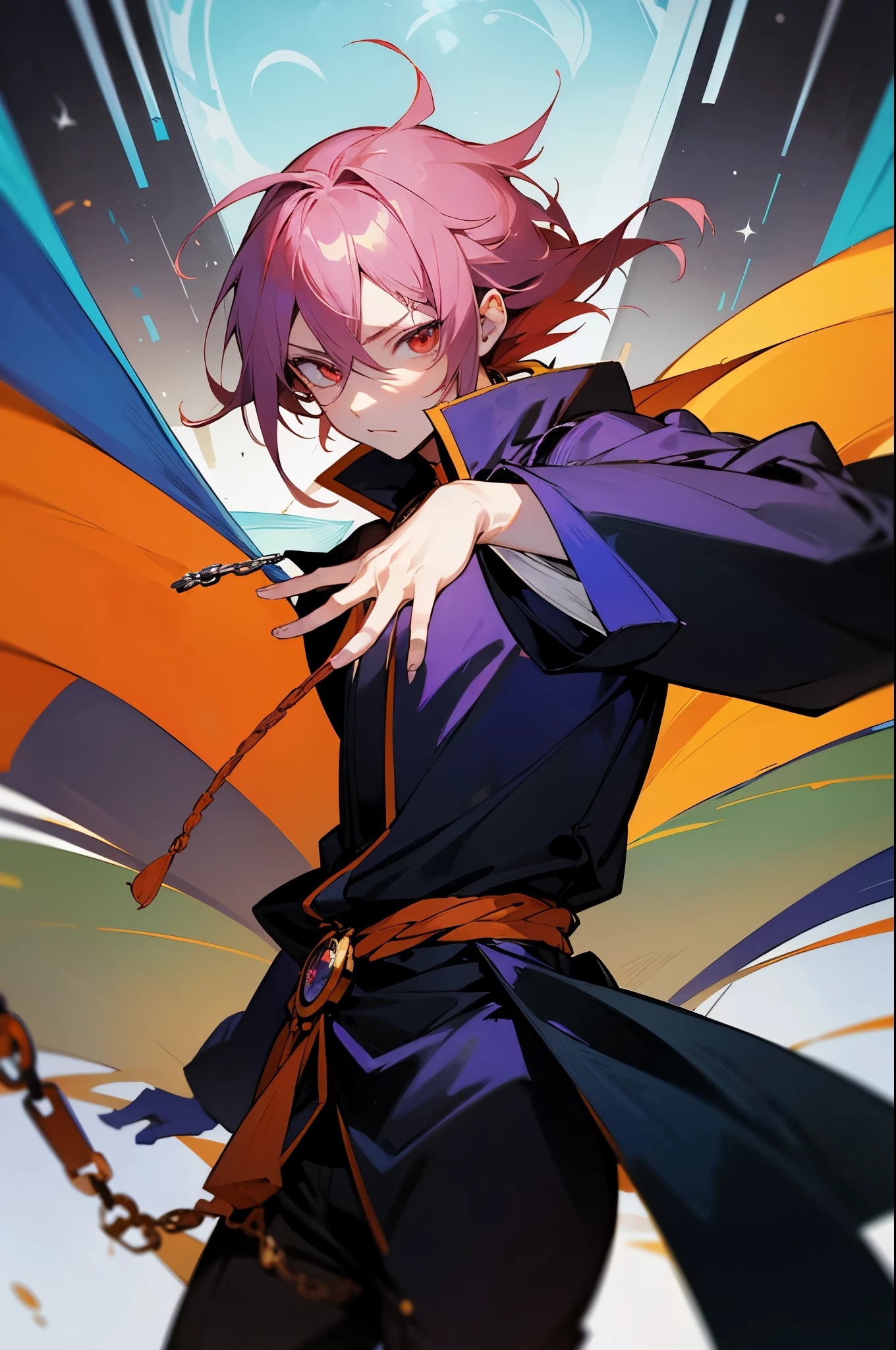 Anime boy with chain around neck and Red eyes, arte chave do anime, Gatilho Estilo de Arte de Anime, Principais visuais de anime, arte chave detalhada do anime, capa de anime, estilo de arte persona, inspirado em Okumura Masanobu, visual de anime chave, Yata Hana, visual chave do anime", manga cover style, Wataru Kajika, arte da capa da light novel, 1 Garoto
