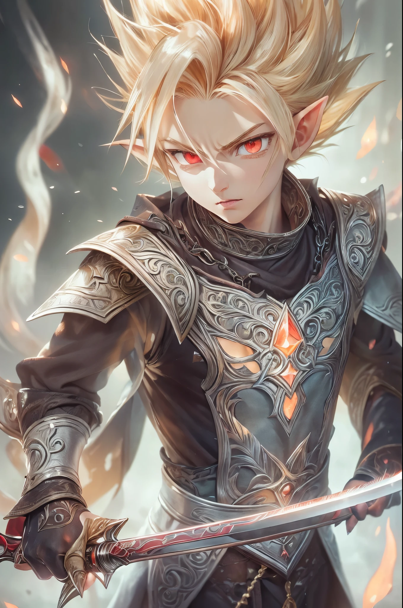 (master piece), 8k, best quality, elf boy, naïve, male, teenager, 14 years old, white skin, thin body, pointed elf ears, beautiful finely detailed silver eyes, high forehead, yellow blonde spiky hair like Gohan from the anime dragon ball (super sayajin), Incredibly handsome, calm appearance, conservative elven clothing, holding a short sword, nordic detailed hilt.