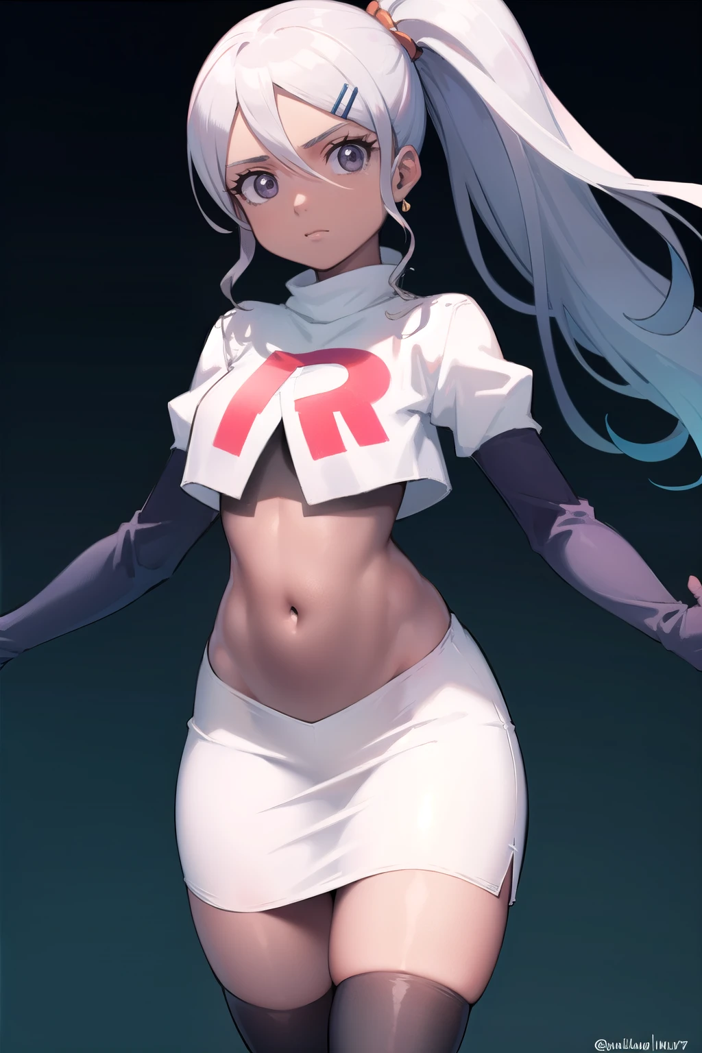 juliemakimoto, julie makimoto, long hair, hair ornament, ponytail, white hair, hairclip, dark skin, dark-skinned female, (grey eyes:1.5),
BREAK navel, jewelry, team rocket,team rocket uniform, red letter R, white skirt,white crop top,black thigh-highs,black elbow gloves
BREAK looking at viewer, (cowboy shot:1.5),
BREAK (masterpiece:1.2), best quality, high resolution, unity 8k wallpaper, (illustration:0.8), (beautiful detailed eyes:1.6), extremely detailed face, perfect lighting, extremely detailed CG, (perfect hands, perfect anatomy),