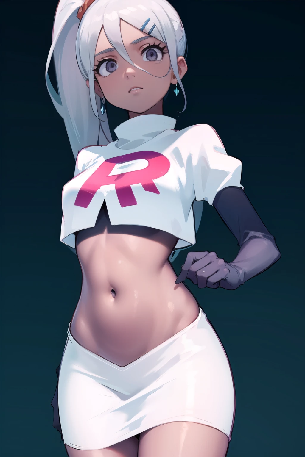 juliemakimoto, julie makimoto, long hair, hair ornament, ponytail, white hair, hairclip, dark skin, dark-skinned female, (grey eyes:1.5),
BREAK navel, jewelry, team rocket,team rocket uniform, red letter R, white skirt,white crop top,black thigh-highs,black elbow gloves
BREAK looking at viewer, (cowboy shot:1.5),
BREAK (masterpiece:1.2), best quality, high resolution, unity 8k wallpaper, (illustration:0.8), (beautiful detailed eyes:1.6), extremely detailed face, perfect lighting, extremely detailed CG, (perfect hands, perfect anatomy),