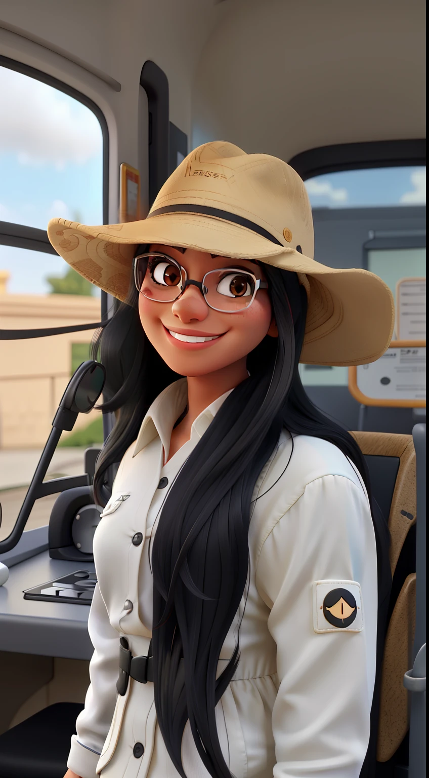 A beautiful woman with black hair, smiling, and wearing glasses