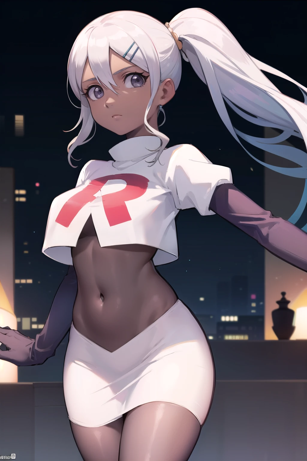 juliemakimoto, julie makimoto, long hair, hair ornament, ponytail, white hair, hairclip, dark skin, dark-skinned female, (grey eyes:1.5),
BREAK navel, jewelry, team rocket,team rocket uniform, red letter R, white skirt,white crop top,black thigh-highs,black elbow gloves
BREAK looking at viewer, (cowboy shot:1.5),
BREAK (masterpiece:1.2), best quality, high resolution, unity 8k wallpaper, (illustration:0.8), (beautiful detailed eyes:1.6), extremely detailed face, perfect lighting, extremely detailed CG, (perfect hands, perfect anatomy),