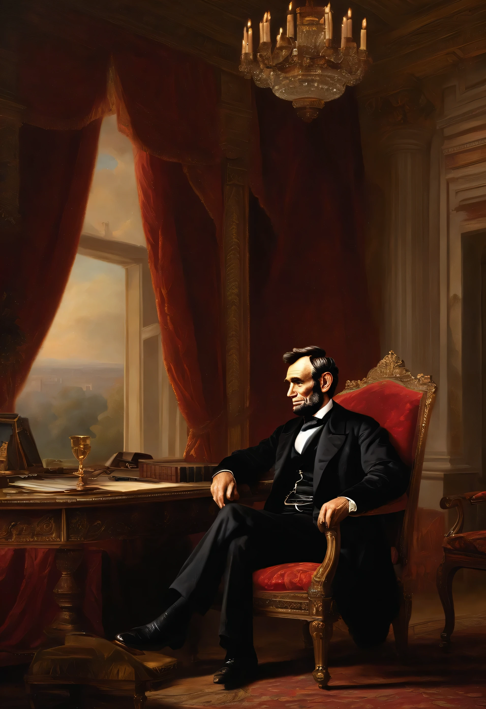 the 16th president of the United States "Abraham Lincoln", victorian palace background, 19th century oil painting.