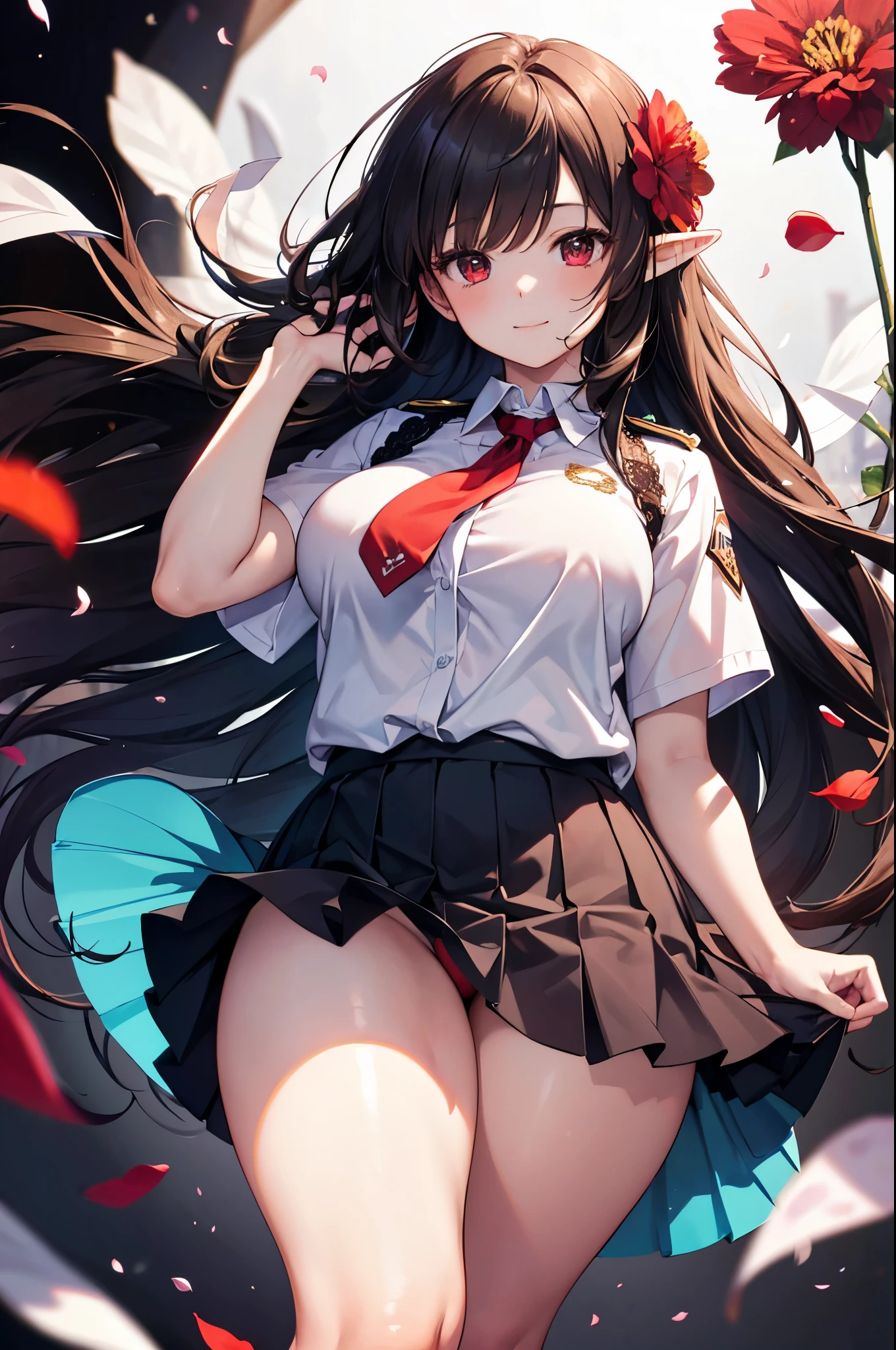 realistic image, coherent image, detailed image, 1 beautiful elf. She has long brown hair, tied up with a comb in the shape of a red flower. Red eyes, long eyelashes. Her face is oval and delicate. smiling. She wears a traditional t-shirt, a pleated mini skirt with lace, and long stockings that cover her legs. She has a curvy body, medium breasts and thick thighs. view from below. view from her thighs. surrounded by clothing fabrics, flower petals falling around. black background, uniform background,