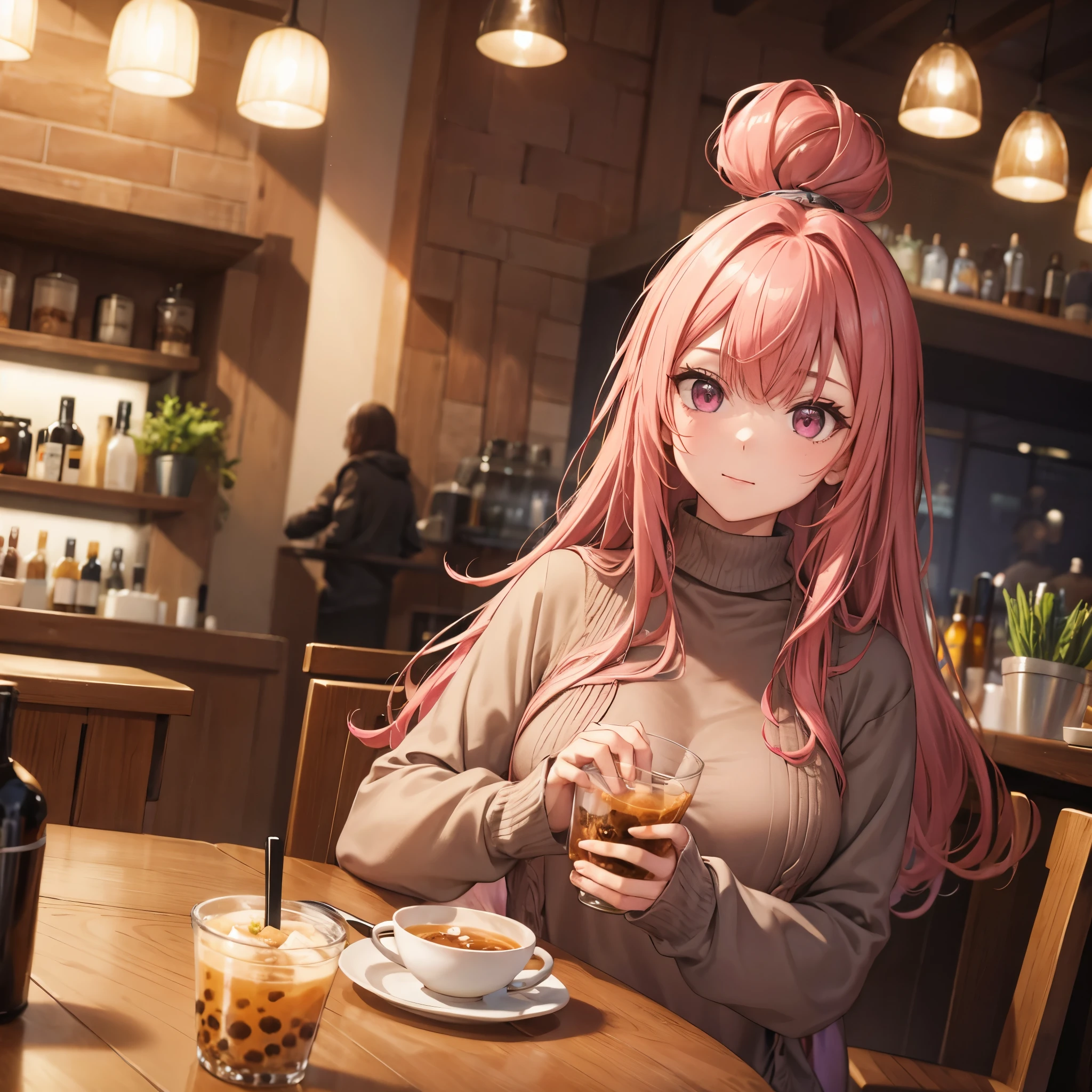 a woman in a cafe drinking bubble tea, with a brown sweater, pink hair with gray details, pink eyes.
