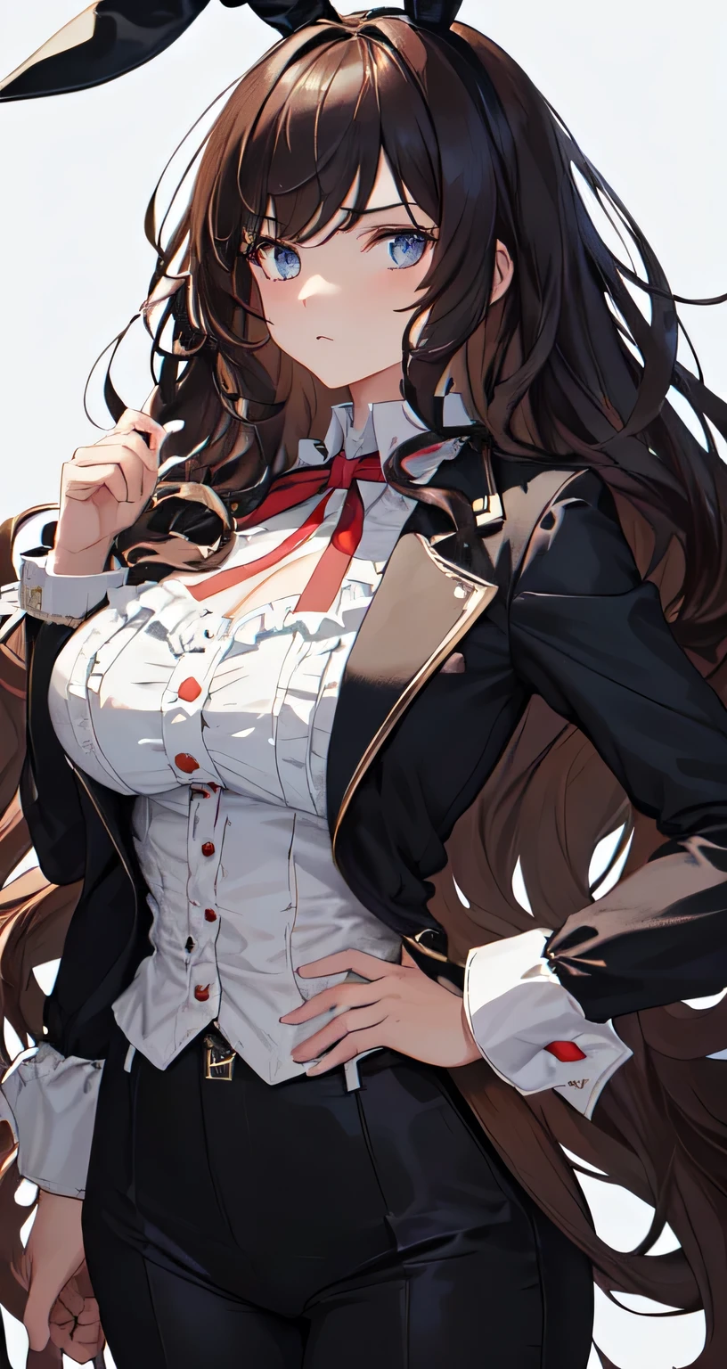 masterpiece, (((highest quality)))), ((super detailed)), ((illustration)),
(((simple_background))),
1girl, (((large_breasts))), brown_hair, (long_hair), (((wavy_hair))), (((fluffy hair))), dark_blue_eyes, clavicle, whit_suitcoat, [smug], frown, dangerous, poisonous, looking_at_viewer, full_body, utility_belt
(Alice_in_wonderland, long_sleeves, 1), black_short_pants, black_hair_ribbon, bunny_ribbon, victorian)