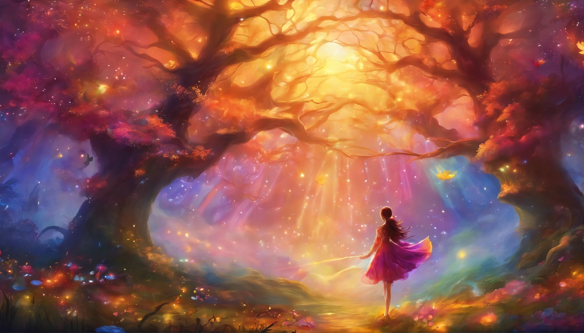 The girl who casts a mysterious glowing spell, Dream rainbow forest, bright colors, ethereal lights, detailed foliage, magical atmosphere, charming scenery, dreamy atmosphere, sparkling, flowing robe, a ray of magic, Ethereal creatures, magic tree, sparkling的溪流, Radiant energy, mysterious symbols, Surreal beauty, otherworldly scenery, foggy, Charm is in the air, Engaging moments, a mesmerizing spectacle, ethereal essence, magic spell, Mysterious aura, charming charm, fascinate onlookers, transcendental experience, magical swirls, hidden secret, whimsical creatures, Vibrant charm, charming atmosphere, Ethereal melody, radiant beams of light, outworldly colours, mesmerizing action, A joyous celebration in nature, Glamourous Fairy, Supernatural powers, Pulsating energy, charming spell, Fantasy realm, transcendent experience