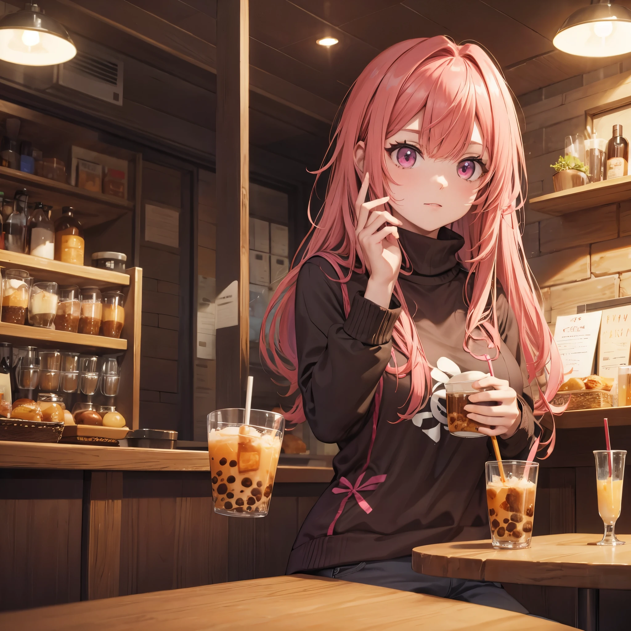 masterpiece, best quality, ((3 girls)), ((multiple women)), ((sitting beside girls)), sitting, ((club background)), pink hair, knowing look, smile, sultry eyes, trendy outfit, ((directly across from viewer)), ((table in front)), table, mug, beer, ((booth seating))