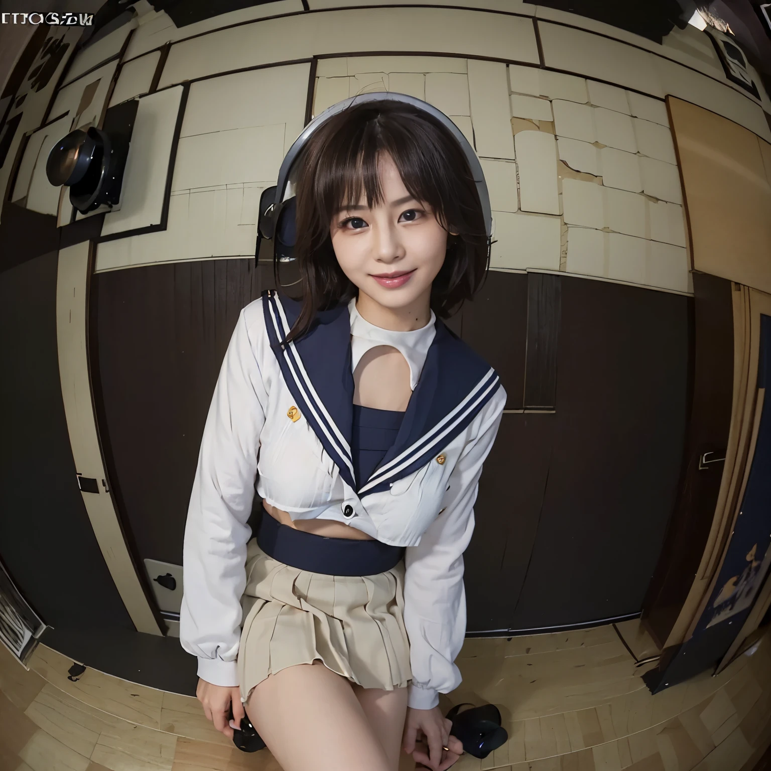 (Photographed through a fisheye lens:1.75) 8k, highest quality, masterpiece, realistic, Super detailed, photo realistic, hyper realistic, smoother lighting, Improve the quality of cinematic lighting, realistic lighting, Backlight, bright light, Improvement of quality, highest quality real texture skin、(Sailor suits and skirts:1.4)1 japanese girl, alone, cute, smile, (brown eyes), natural face, (with medium length haircut,) (in a dimly lit room) (There is only a single bed,) (spread your legs and do something revealing about yourself:1.25,) (At night,) (erotic, enchanting atmosphere:1.55)、big breasts
