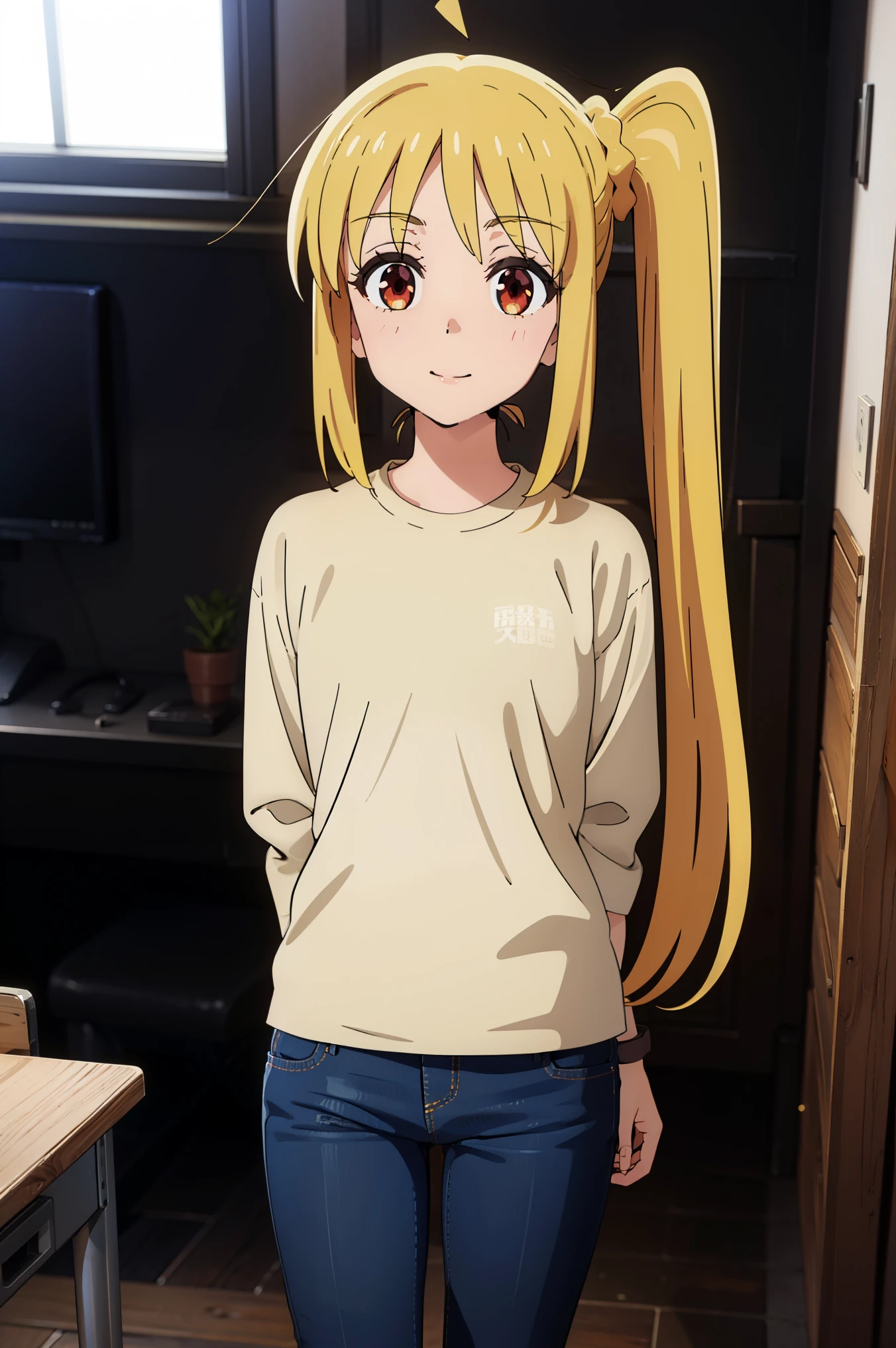 score_7_up, source_anime,1girl, Eft_Bocchi_Yellow, ijichi nijika, 1girl, solo, blonde hair, side ponytail,long hair, ahoge, shirt, bow, red eyes,
BREAK (very tight white long-sleeved shirt,Skinny Jeans:1.2)
BREAK full-length portrait,full entire body,arms behind back,cute smile,Front view,
BREAK Class Room
BREAK (masterpiece:1.2), best quality, high resolution, unity 8k wallpaper,NSFW ,(illustration:0.8), (beautiful detailed eyes:1.6), extremely detailed face, perfect lighting, extremely detailed CG, (perfect hands, perfect anatomy),