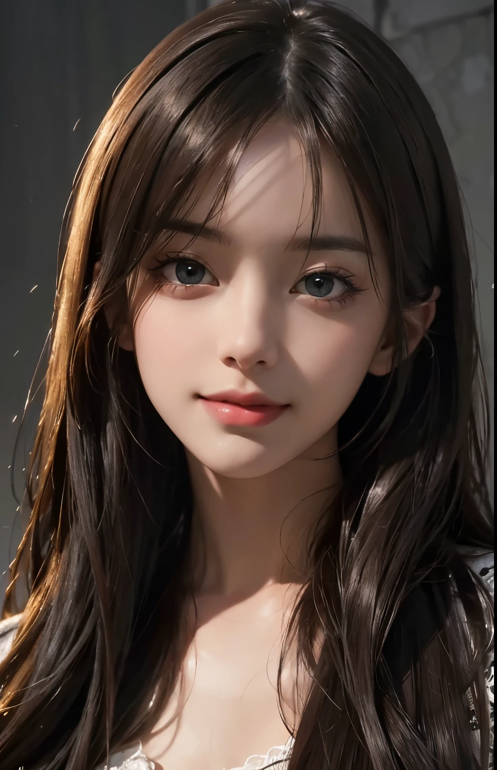 (Ultra Realistic), (Illustration), (Increased Resolution), (8K), (Extremely Detailed), (Best Illustration), (Beautiful and Detailed Eyes), (Best Quality), (Ultra Detailed), (Masterpiece ), ( wallpaper), (detailed face), solo, 1 girl, looking at viewer, fine details, in the dark, deep shadows, low key, pureerosfaceace_v1, smiling, long straight hair, black shawl , 46 points oblique bangs，plump breasts