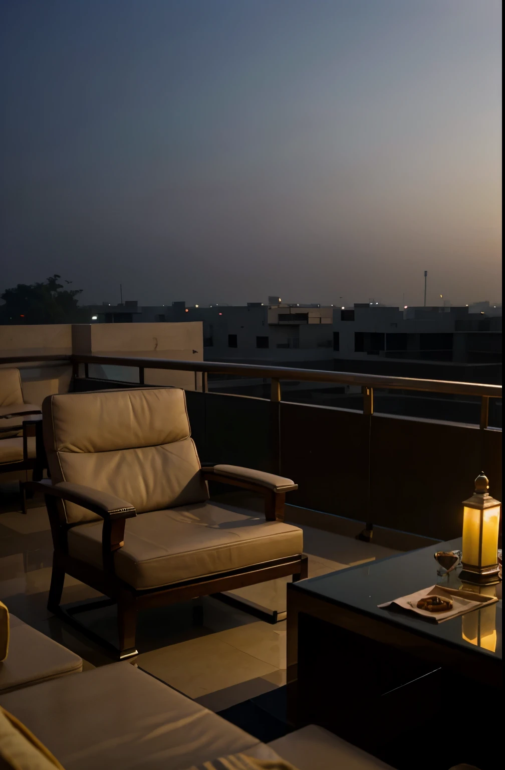 Realistic, cinematic, detail, india, new delhi, airport, roof, lounge, chairs, counter, light, view, evening, scenery