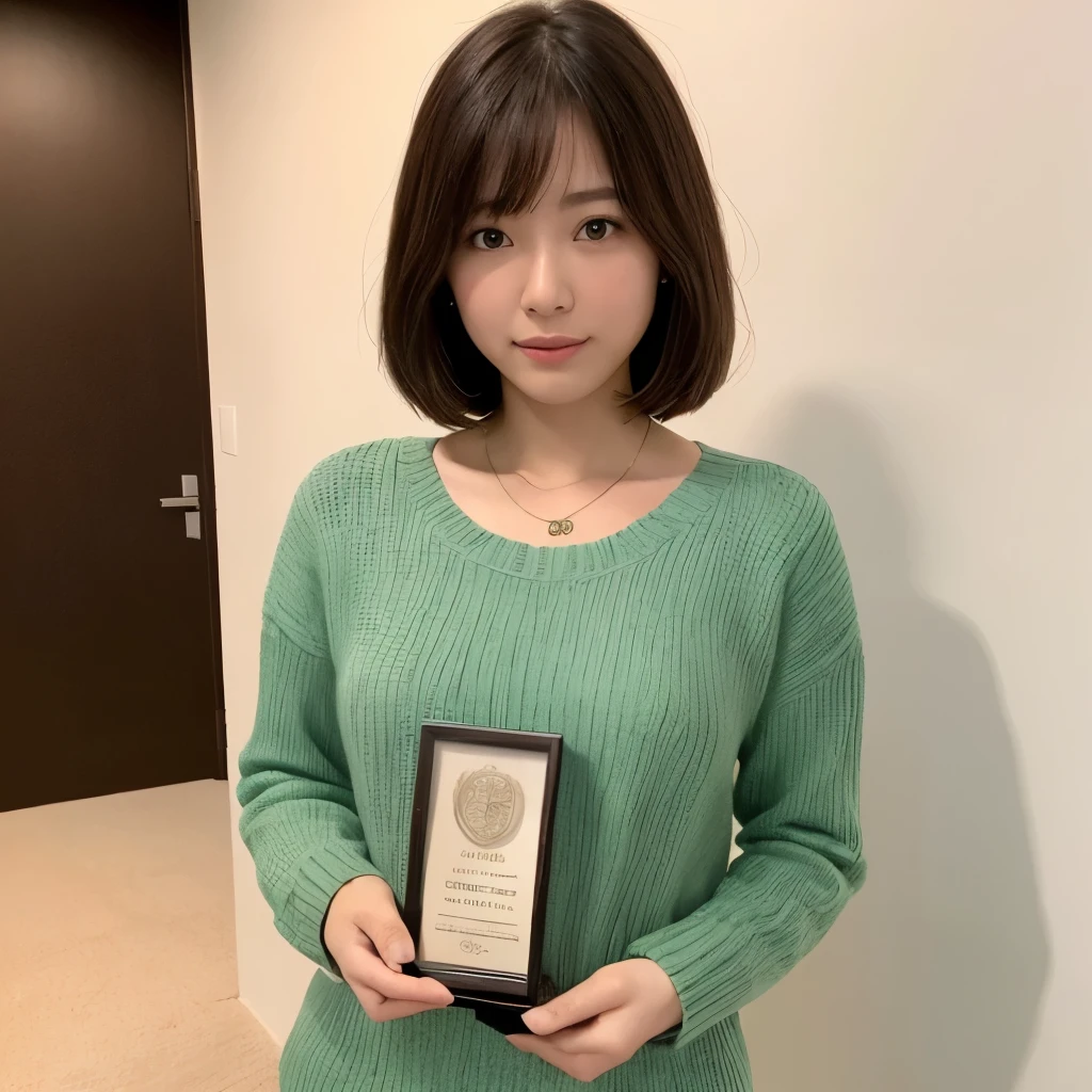 High resolution、High level image quality、high detail、masterpiece、realistic skin,、rough skin、(anatomically correct)、1 person、(((holding the award in both hands)))、((Japanese 28 year old female))、((whole body))、facing forward、The photo shows up to the waist、wearing a sweater