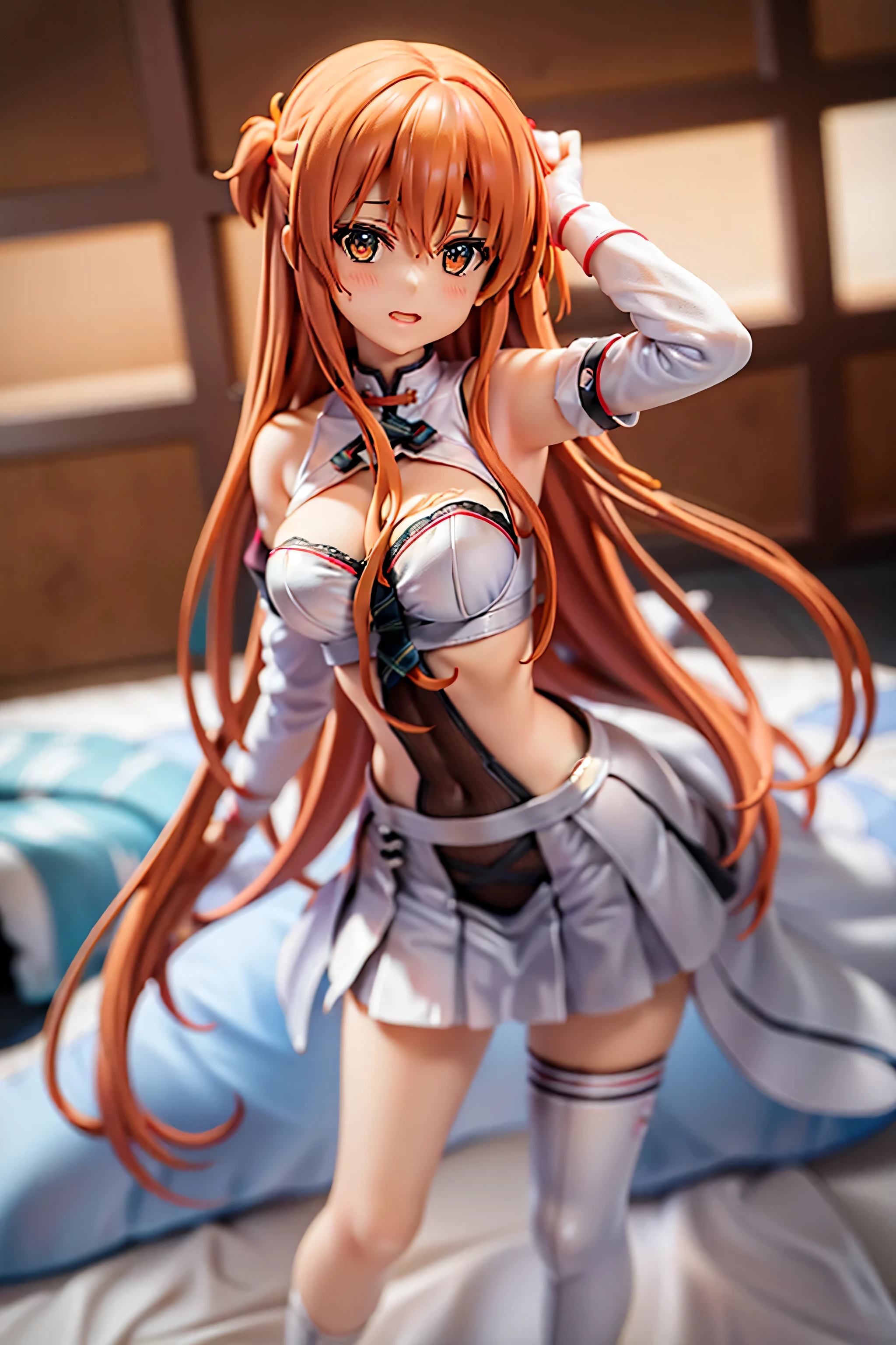 figura pvc de una mujer con falda corta y chaqueta., asuna yuuki, asuna from sao, colegiala hiperrealista, chica anime seductora, un hiperrealista , asuka, Detalles finos. chicas de primera linea, diosa del anime, foto de asuna de sao, ( figura muy detallada ), m4 sopmod ii chicas de primera linea, figura animada, llega una falda corta y medias negras  largas , muy seductora de cara angelical, resolucion asombrosa 4k, figura de gran detalle y calidad, rostro tierno y angelical, cuerpo prefecto