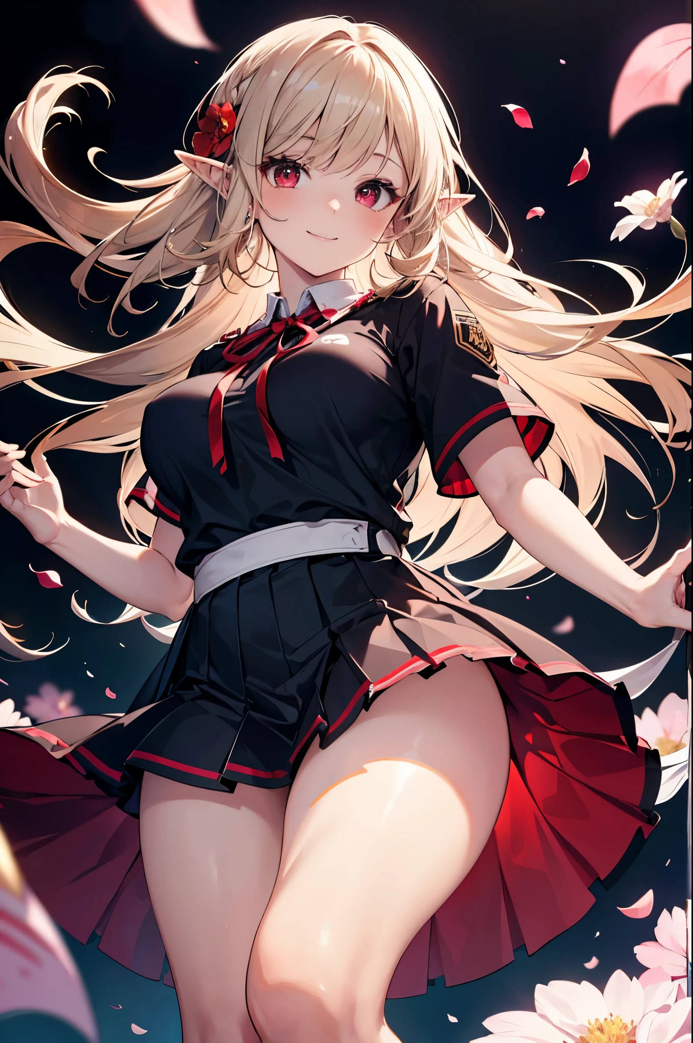 realistic image, coherent image, detailed image, 1 beautiful elf. She has long brown hair, tied up with a comb in the shape of a red flower. Red eyes, long eyelashes. Her face is oval and delicate. smiling. She wears a traditional t-shirt, a pleated mini skirt with lace, and long stockings that cover her legs. She has a curvy body, medium breasts and thick thighs. view from below. view from her thighs. surrounded by clothing fabrics, flower petals falling around. black background, uniform background,