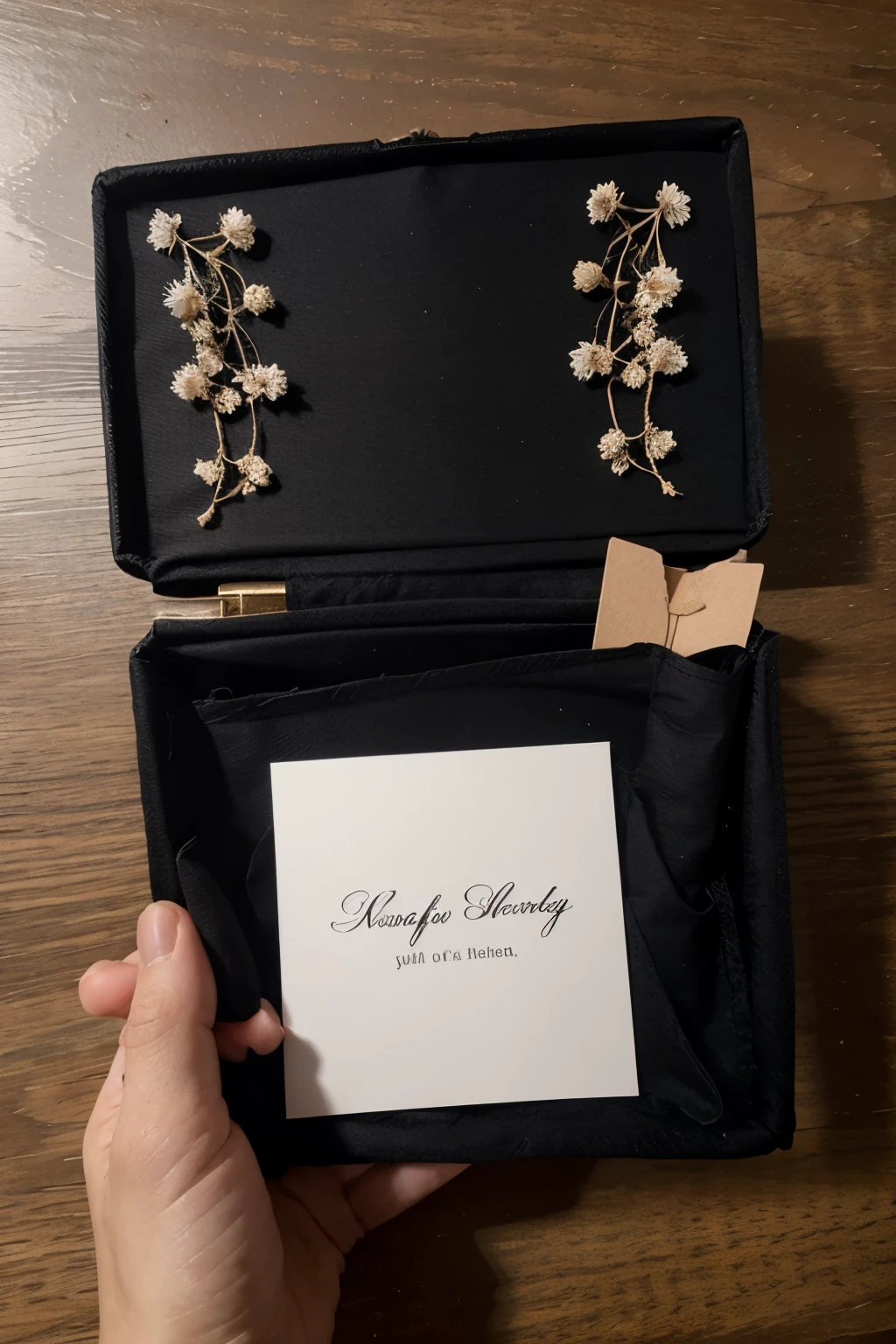 a blank white card on top of black fabric with dried flowers besides the card (size: 4x4)