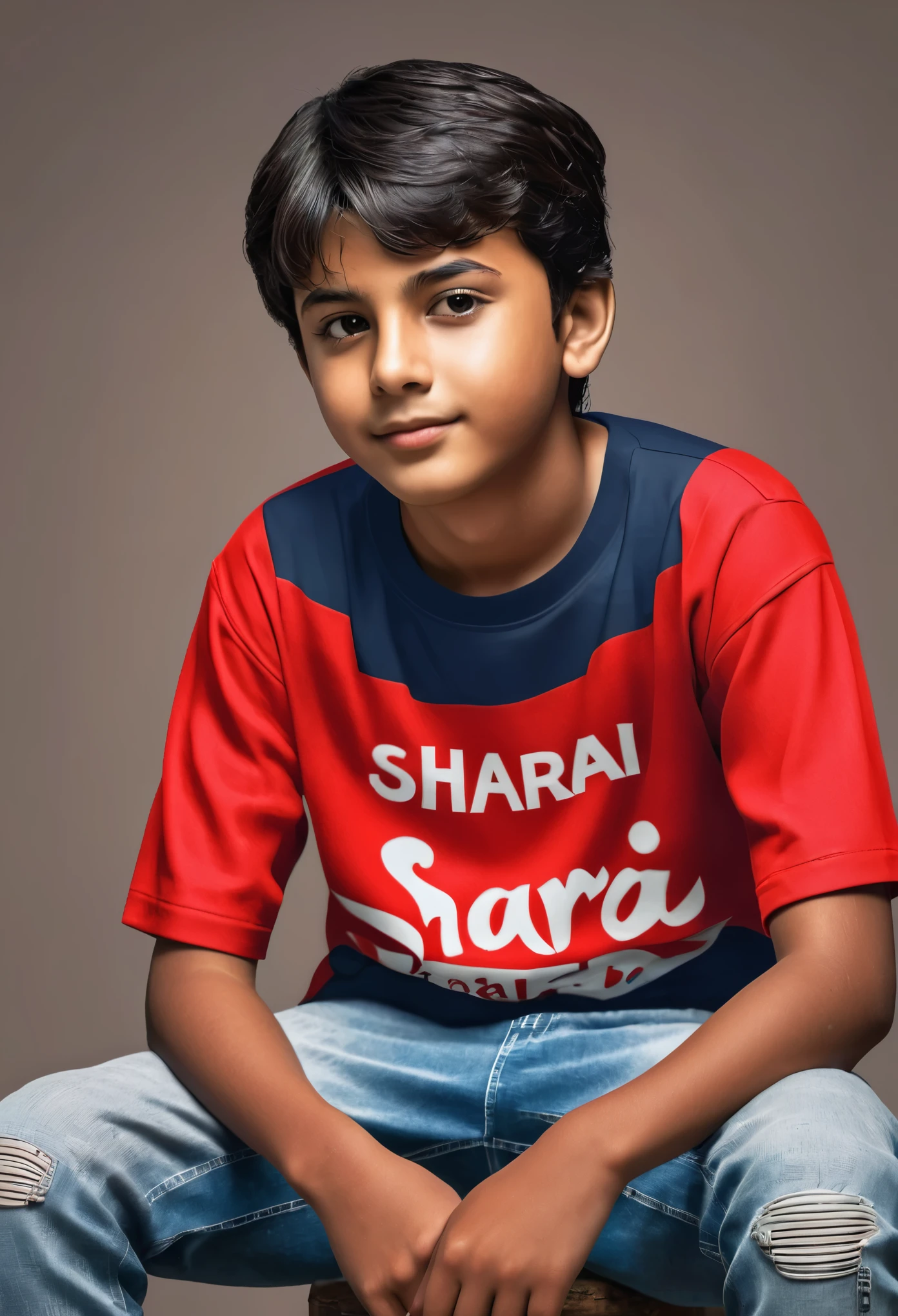 Create a 3D ai image where a boy sittting next to a Red Roster , the boy wearing T shirt name " SHARAI " written on it