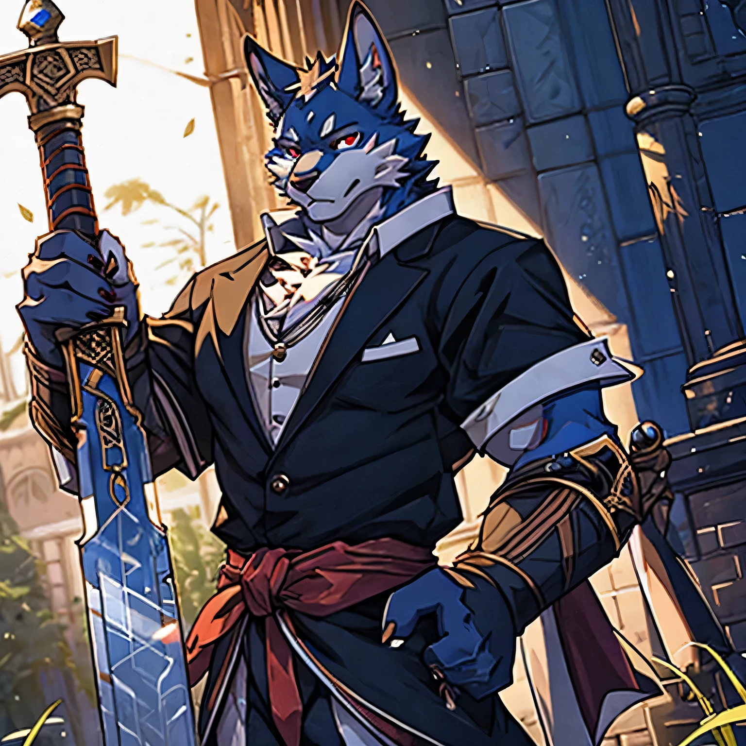 4K, actual, high detail, super detailed, Eyes detailed,Fashion clothing,rabbit,Long-eared rabbits,blue fur,Red eyes,Slender figure,aldult,male,Butler outfit,proudly,one handed sword,knight sword