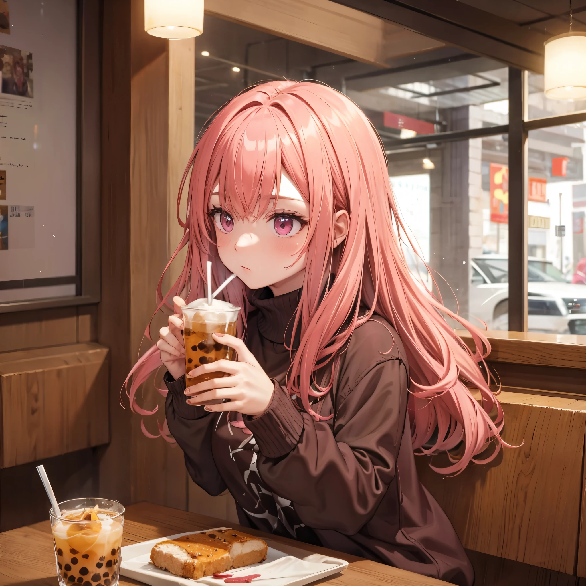 a woman in a cafe drinking bubble tea, with a brown sweater, pink hair with gray details, pink eyes.
