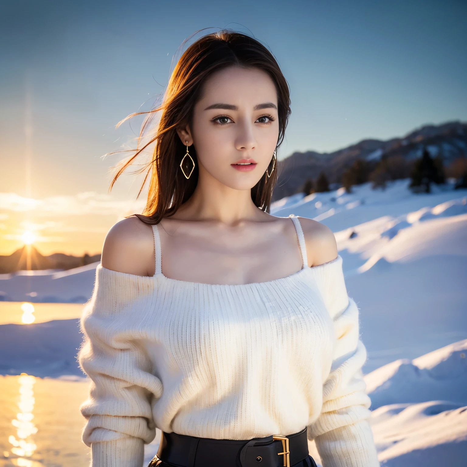 ((top quality、8k、​Masterpiece:1.3))、Extremely delicate and beautiful girl，full-body shot，huge breasts，bigger breasts，amazing breast size，G cup。Wear big earrings，Very white skin，moist red lips，Waist is very thin，Thighs are very thin，big butt，fair and smooth skin，Smooth and fair skin，flawless skin，Fair and shiny skin，cold white skin，The camera focuses on the chest，Bright light，white sweater，Lower body exposed，bare shoulders，light blonde hair，The hair is light blonde，Snow covers the ground，snow mountain，sunset，lake