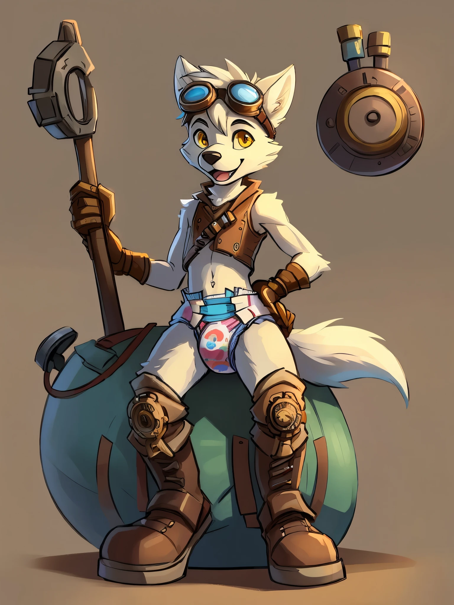 Male, arctic wolf, detailed yellow eyes, long tail, tinkerer, simple background, slim, smiling, diaper, no shadow, happy, tools, steampunk, goggles on head