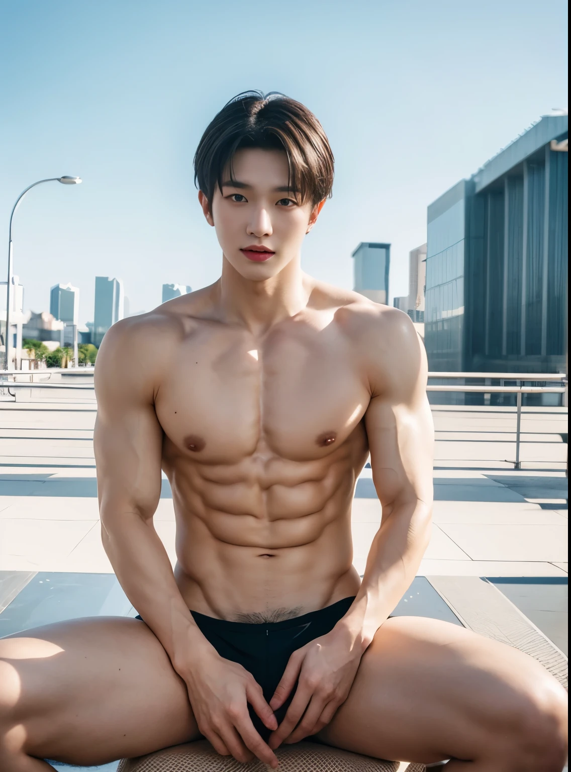 young man, 22 years old, Good looking, Looks like a Korean actor, หน้าตาเหมือน K pop idol, ใบหน้าhandsome, white skin, small mouth, Slender face, very short hair, well care hair, handsome, Confident eyes, fit, Broad shoulders, have abdominal muscles, naked, naked, Sitting with legs apart, Open your legs in a V shape., airport as a background, bright, outdoor, likes to show off his penis, clearly shows the penis, There was one decent sized penis., Don't feel embarrassed., Was gangbanged for taking pictures, Slut, Shameless, exhibitionist, pose like prostitute, expression of ecstasy/orgasmic, cumshot, natural light, both eyes are the same, muscular, perfect eyes, nipples showed, penis exposed, Global illumination, tall, full body, tiny waist, soft light, dream light, digital painting, extremely detailed CGI, hd, 8k, 4k background