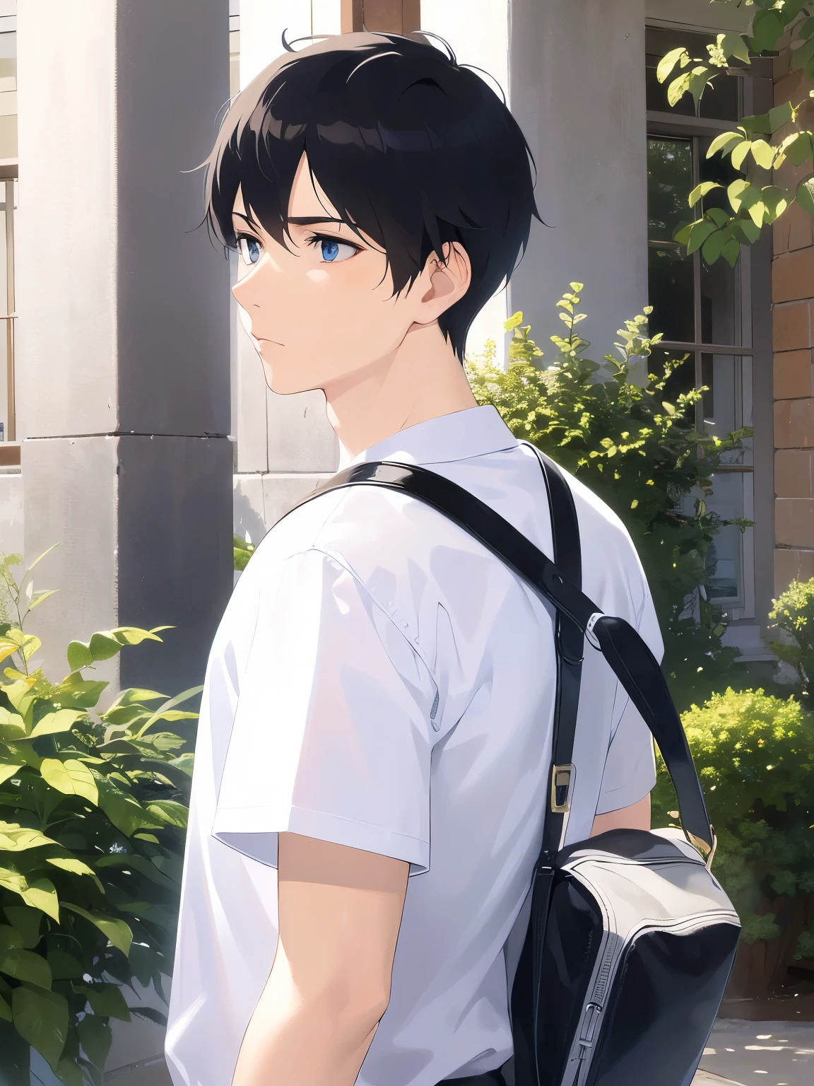 side angle, (looking away:1.5)、Upper Body, masterpiece、highest quality、25 year old male with short black hair and blue eyes, wearing a white shirt、Are standing、No expression, background is outside、(Alone:2)