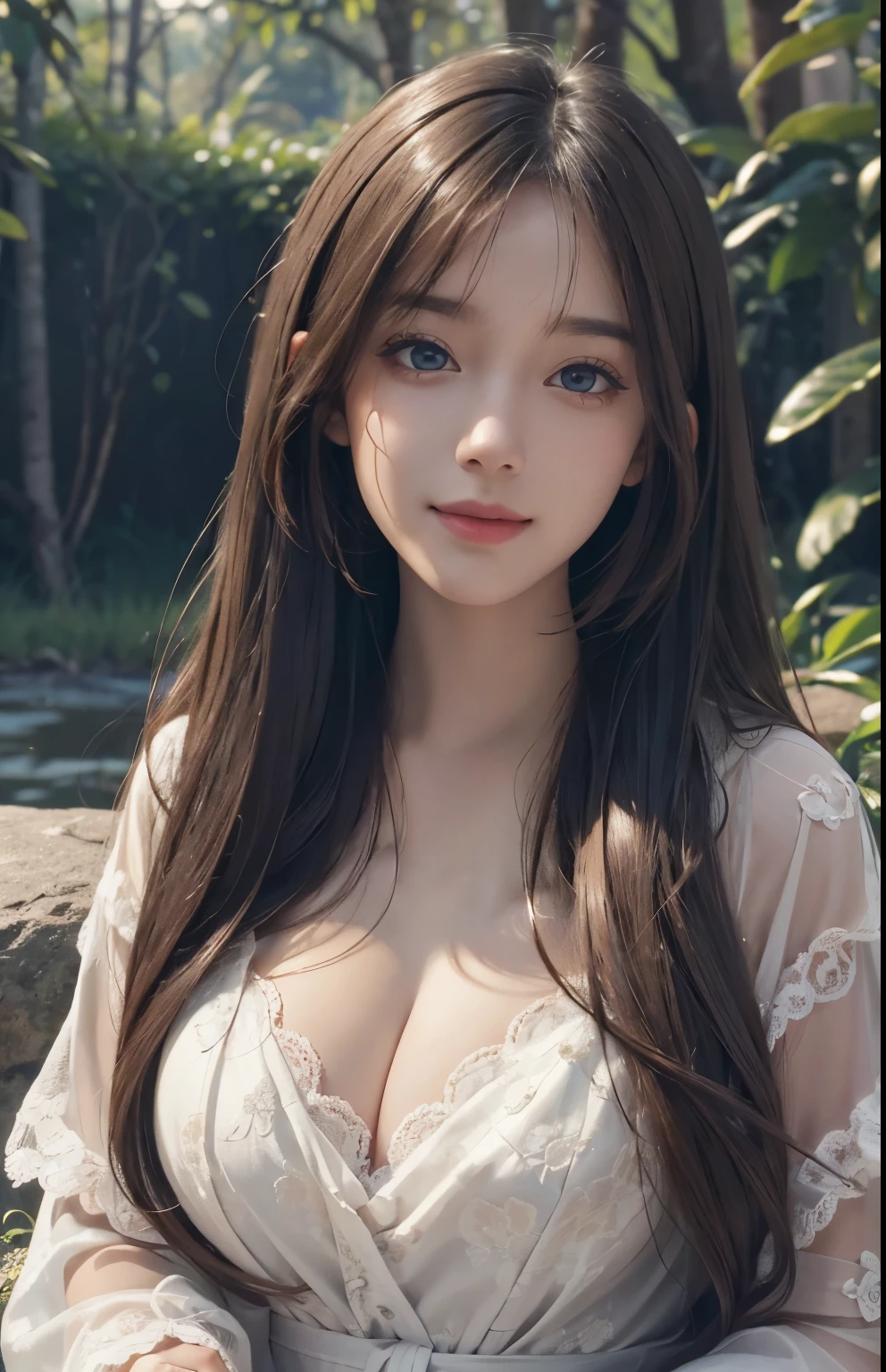 (Ultra Realistic), (Illustration), (Increased Resolution), (8K), (Extremely Detailed), (Best Illustration), (Beautiful and Detailed Eyes), (Best Quality), (Ultra Detailed), (Masterpiece ), ( wallpaper), (detailed face), solo, 1 girl, looking at viewer, fine details, in the dark, deep shadows, low key, pureerosfaceace_v1, smiling, long straight hair, black shawl , 46 points oblique bangs,plump breasts