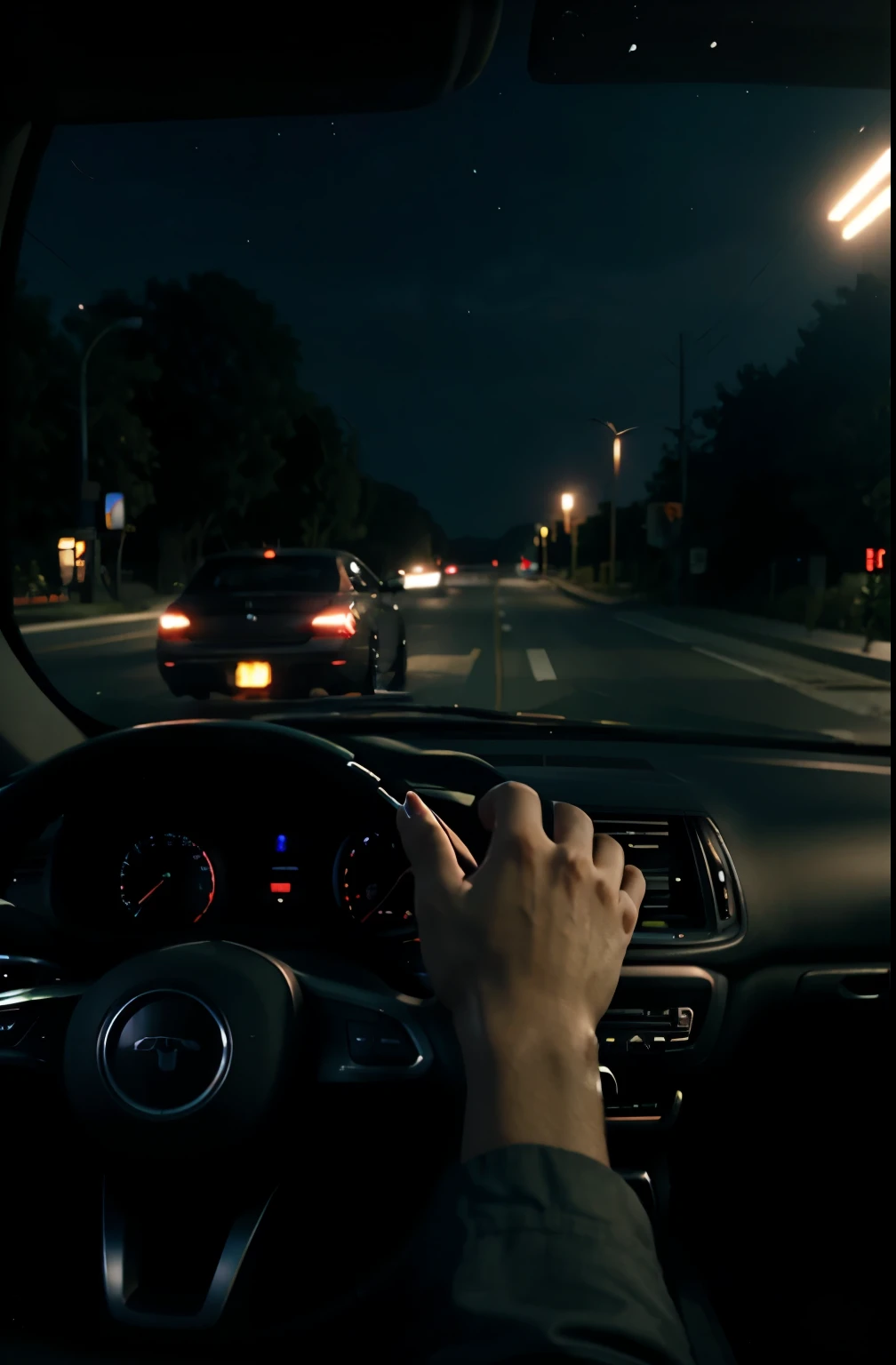 Ultra realistic, cinematic, car dashboard, night, looking outside, front, highway, hands
