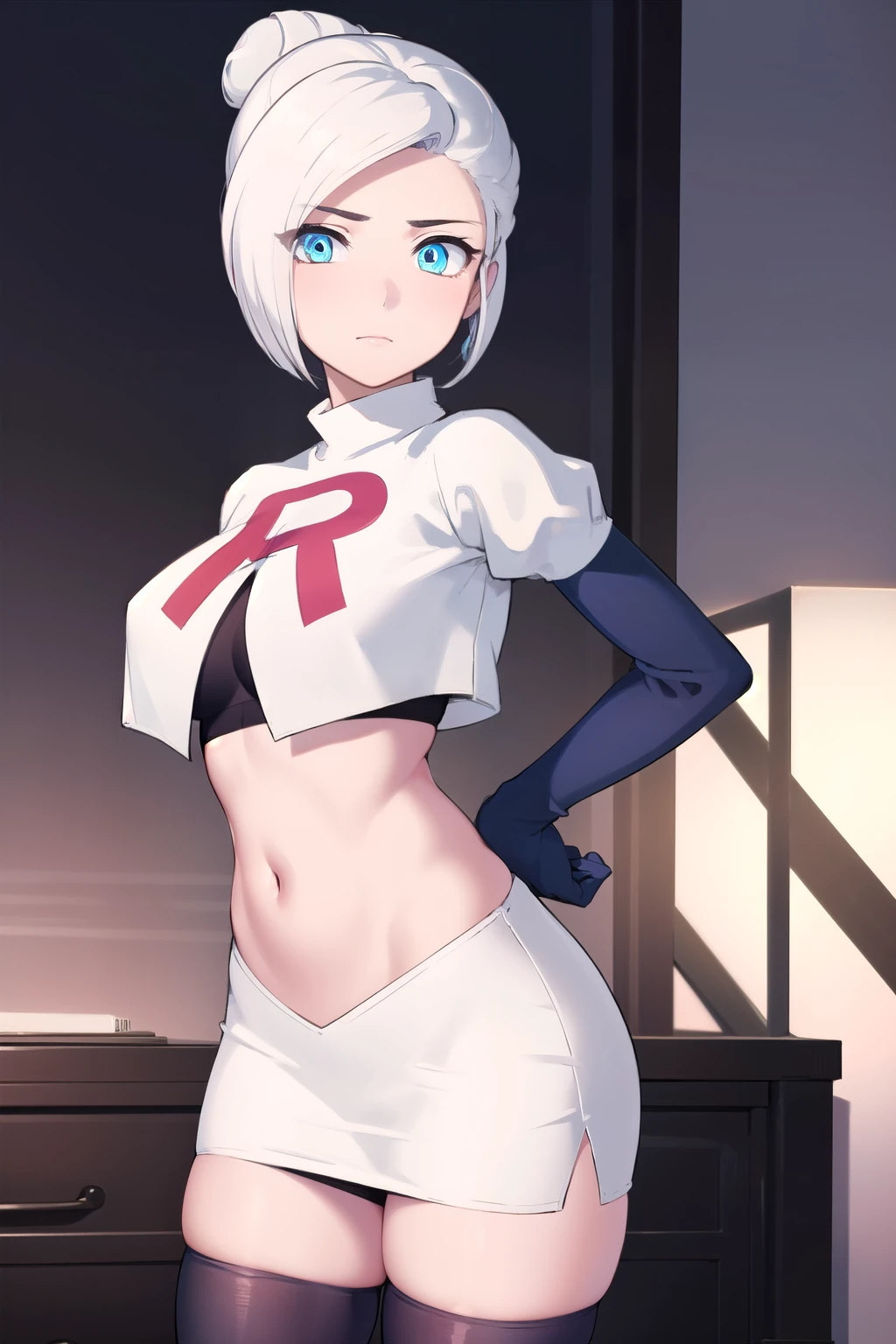 winterschnee, winter schnee, blue eyes, white hair, hair bun, single hair bun,
BREAK team rocket,team rocket uniform, red letter R, white skirt,white crop top,black thigh-highs,black elbow gloves
BREAK looking at viewer, (cowboy shot:1.5),
BREAK (masterpiece:1.2), best quality, high resolution, unity 8k wallpaper, (illustration:0.8), (beautiful detailed eyes:1.6), extremely detailed face, perfect lighting, extremely detailed CG, (perfect hands, perfect anatomy),