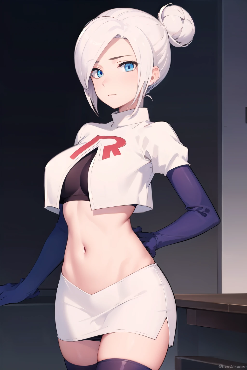 winterschnee, winter schnee, blue eyes, white hair, hair bun, single hair bun,
BREAK team rocket,team rocket uniform, red letter R, white skirt,white crop top,black thigh-highs,black elbow gloves
BREAK looking at viewer, (cowboy shot:1.5),
BREAK (masterpiece:1.2), best quality, high resolution, unity 8k wallpaper, (illustration:0.8), (beautiful detailed eyes:1.6), extremely detailed face, perfect lighting, extremely detailed CG, (perfect hands, perfect anatomy),