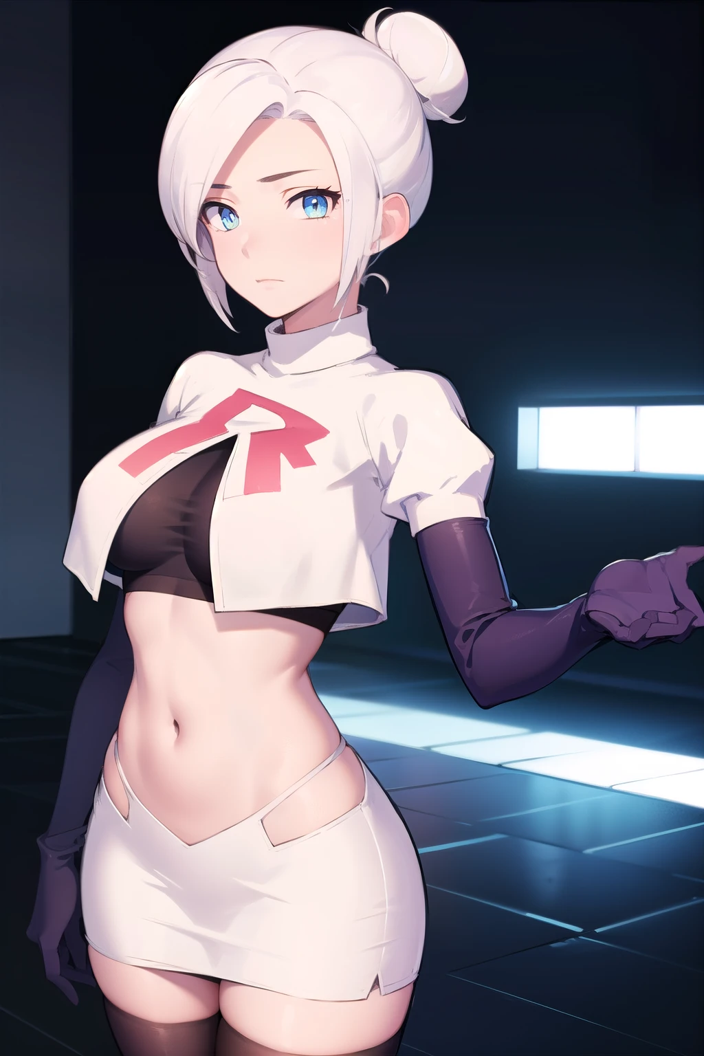 winterschnee, winter schnee, blue eyes, white hair, hair bun, single hair bun,
BREAK team rocket,team rocket uniform, red letter R, white skirt,white crop top,black thigh-highs,black elbow gloves
BREAK looking at viewer, (cowboy shot:1.5),
BREAK (masterpiece:1.2), best quality, high resolution, unity 8k wallpaper, (illustration:0.8), (beautiful detailed eyes:1.6), extremely detailed face, perfect lighting, extremely detailed CG, (perfect hands, perfect anatomy),