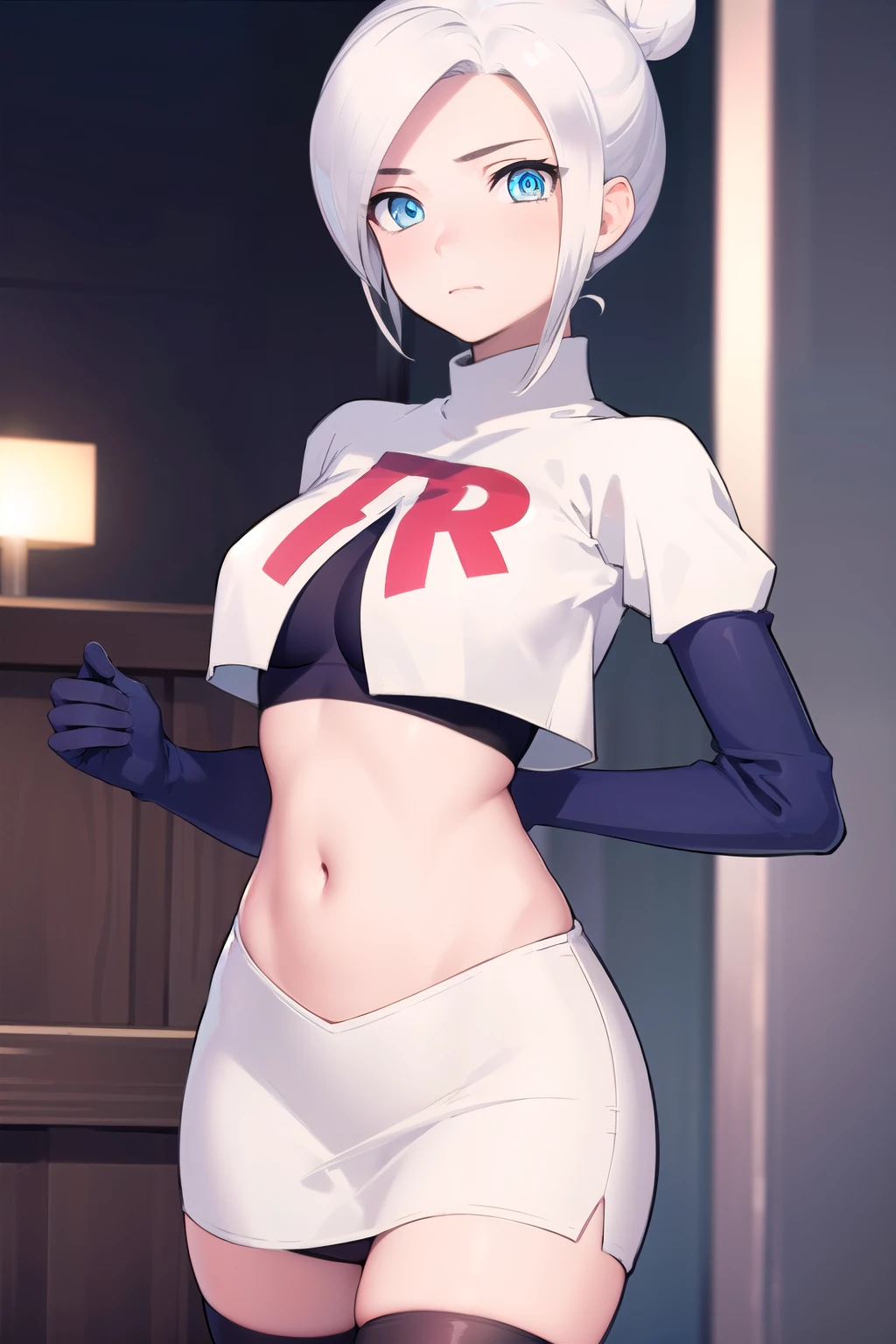 winterschnee, winter schnee, blue eyes, white hair, hair bun, single hair bun,
BREAK team rocket,team rocket uniform, red letter R, white skirt,white crop top,black thigh-highs,black elbow gloves
BREAK looking at viewer, (cowboy shot:1.5),
BREAK (masterpiece:1.2), best quality, high resolution, unity 8k wallpaper, (illustration:0.8), (beautiful detailed eyes:1.6), extremely detailed face, perfect lighting, extremely detailed CG, (perfect hands, perfect anatomy),