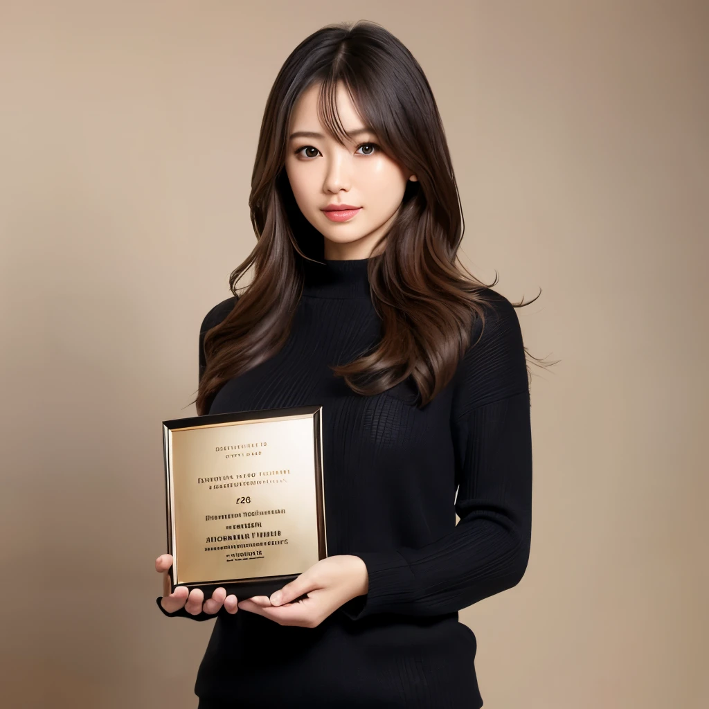 High resolution、High level image quality、high detail、masterpiece、realistic skin,、rough skin、(anatomically correct)、1 person、(((holding the award in both hands)))、((Japanese 28 year old female))、((whole body))、facing forward、The photo shows up to the waist、wearing a sweater