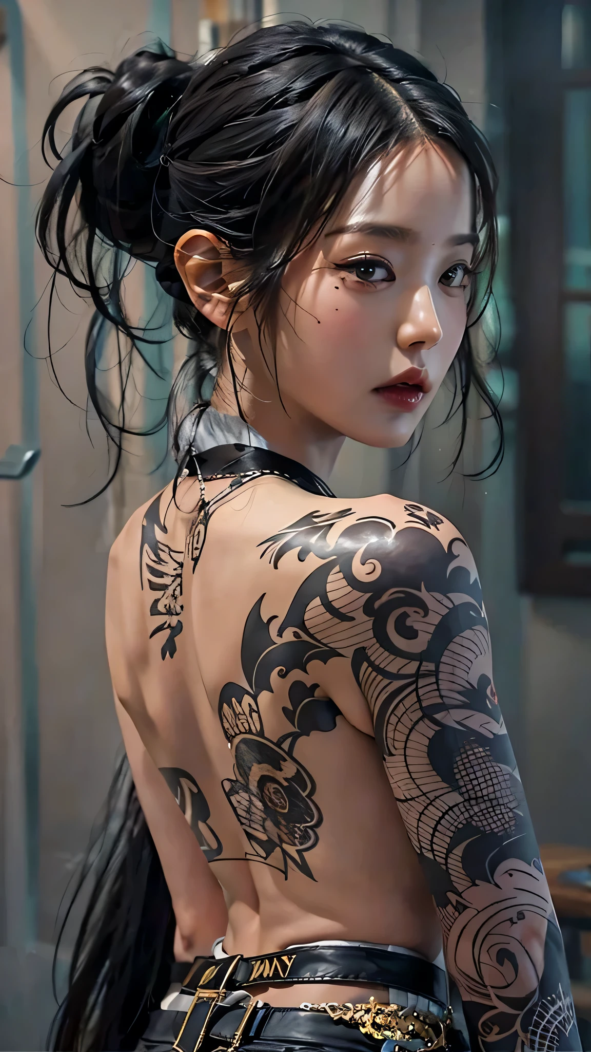 photorealistic, high resolution, soft light,1women, solo, hips up, (detailed face), jewelry, tattoo,black mafia clothing, ponytail hairstyle, black hair, super long hair, looking viewers, tatto, messy hair, close up, small breast, adult
