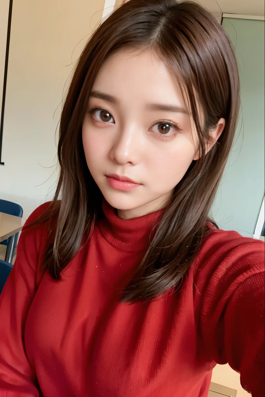Random pose、top quality、ultra high resolution、(Realism:1.5)、1 girl、red sweater、(brown hair:1.2)、(Big breasts:1.2)、Classroom、looking at the audience、close up、Whole BodyEsbian、nasty eyes