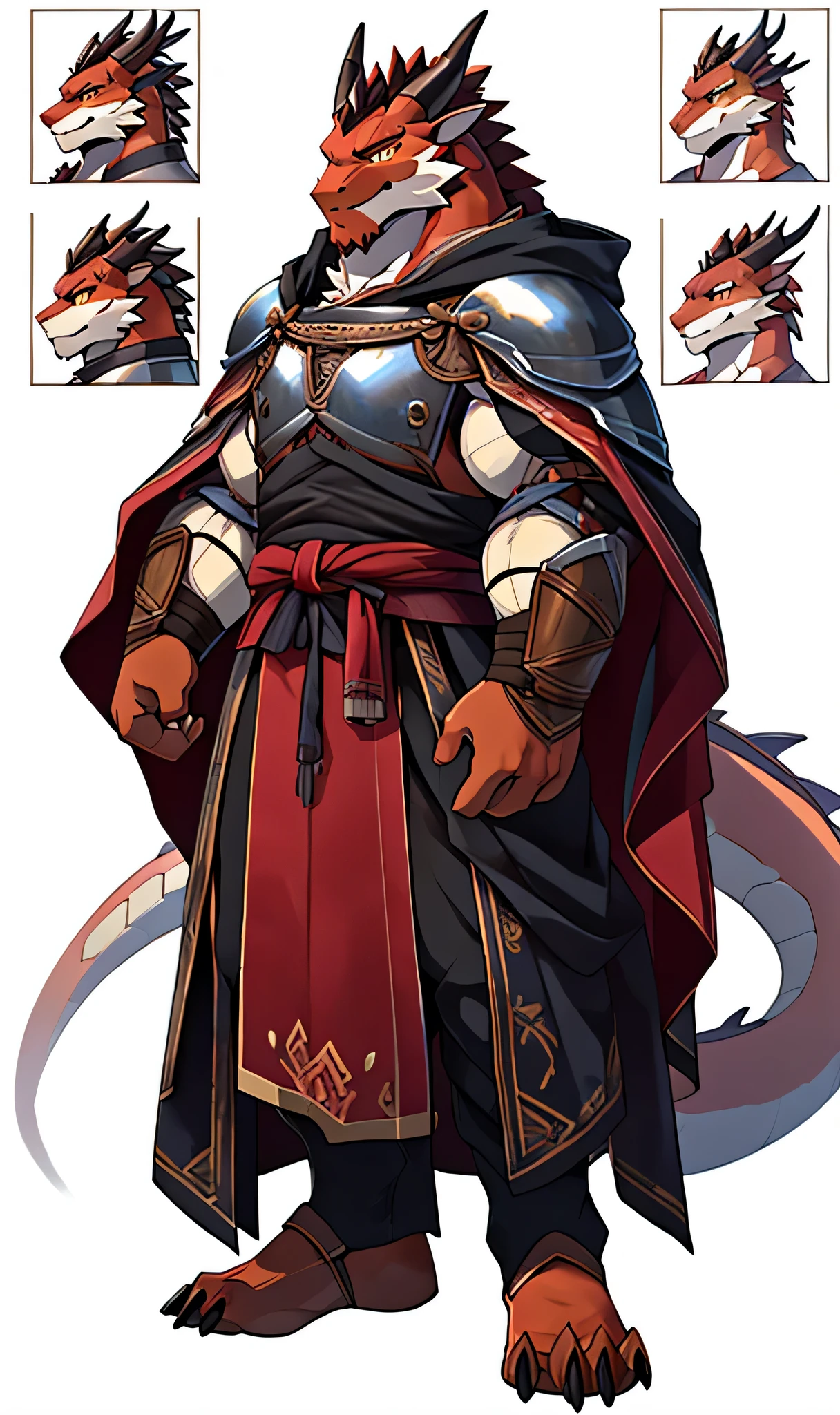 perfect anatomy, (ultra deTailed), sharp focus, Eye, amber Eye, hairy, light white fur, Brown-red fur, Brownish-red beard, human nature (dragon), male, middle aged, orange-red body, white belly, Tail, Muscular and big, knight clothing, red cherry long cloak, ultra deTailed face, depth of field, motion blur, high deTails, high quality, Award-winning, HD, 16K, (best quality,4K,8K,High resolution,masterpiece:1.2),ultra-deTailed,actual:1.37,HDR,UHD,studio lighting,extreme deTail description,professional,bright colors, ((masterpiece)), (((best quality))),(character design sheet, same characters, front, side, Back), illustration, environmental change scenarios, Chatongbetalora, (simple Background, white Background: 1.3)
information,character design sheet