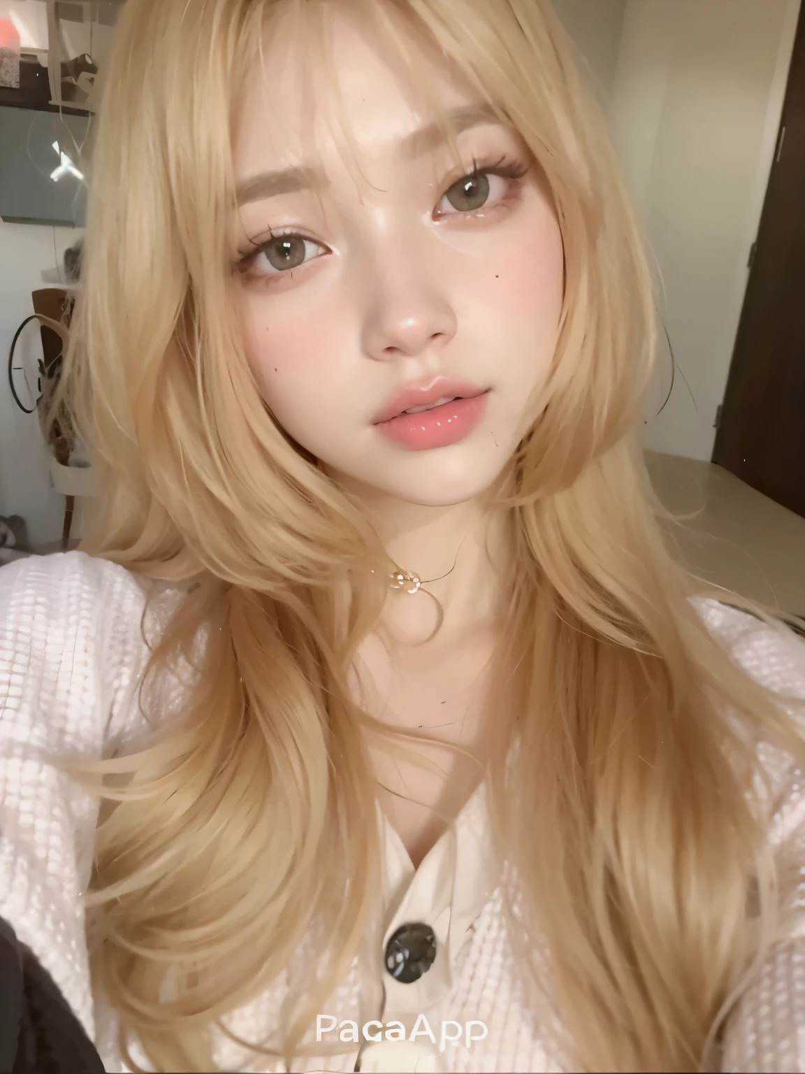 Un primer plano de una mujer con el pelo largo y rubio y una camisa rosa, el corte de hime, Lalisa Manobal, Lalisa Manoban de Blackpink, very very pale blonde hair, parque roseanne de blackpink, ulzzang, pelo largo y rubio y ojos grandes, retrato realista kawaii, con pelo largo y rubio, extremely pale blonde hair, con cara redonda
