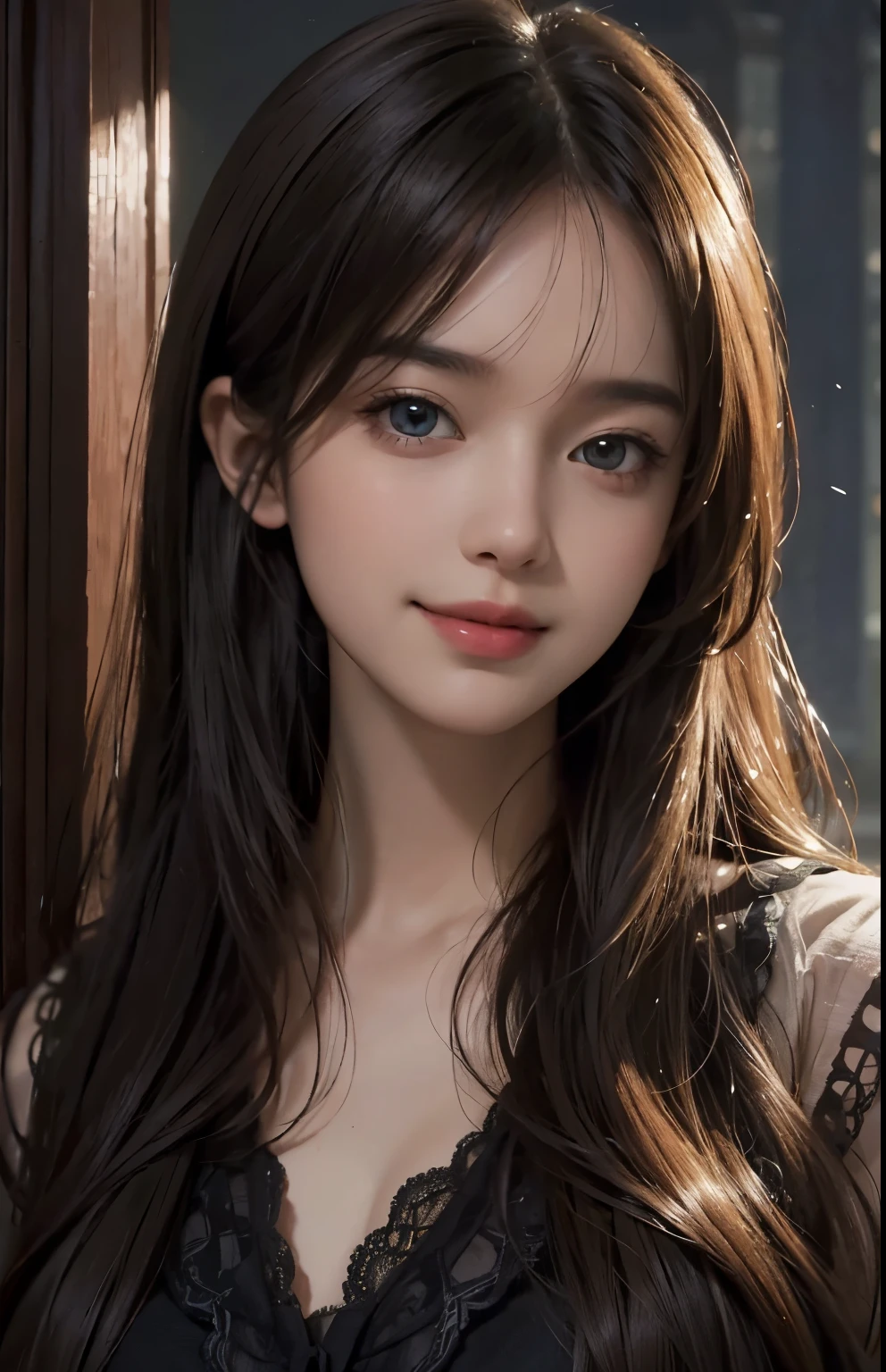 (Ultra Realistic), (Illustration), (Increased Resolution), (8K), (Extremely Detailed), (Best Illustration), (Beautiful and Detailed Eyes), (Best Quality), (Ultra Detailed), (Masterpiece ), ( wallpaper), (detailed face), solo, 1 girl, looking at viewer, fine details, in the dark, deep shadows, low key, pureerosfaceace_v1, smiling, long straight hair, black shawl , 46 points oblique bangs,plump breasts