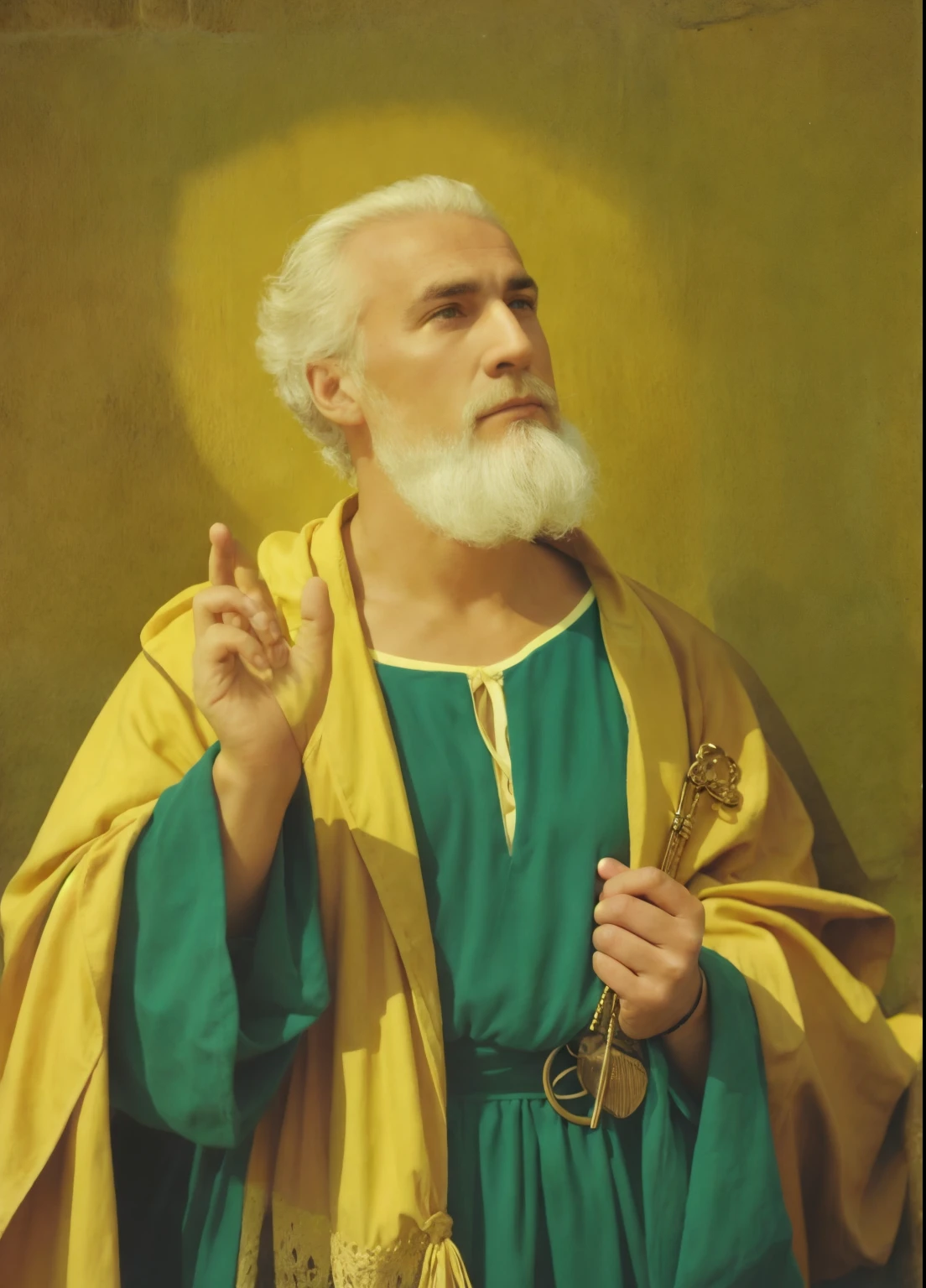 complete a painting of a man with a beard and a robe holding a key, Orthodox saint, beautiful golden saint, Christian saint, inspired by Nicomachus of Thebes, patron saint of , by Nicholas Marsicano, by Antonio Cavallucci, beautiful image, inspired by Ed Benedict, art style by 🛸🌈👩🏾 Michelangelo, by Alexander Bogen
